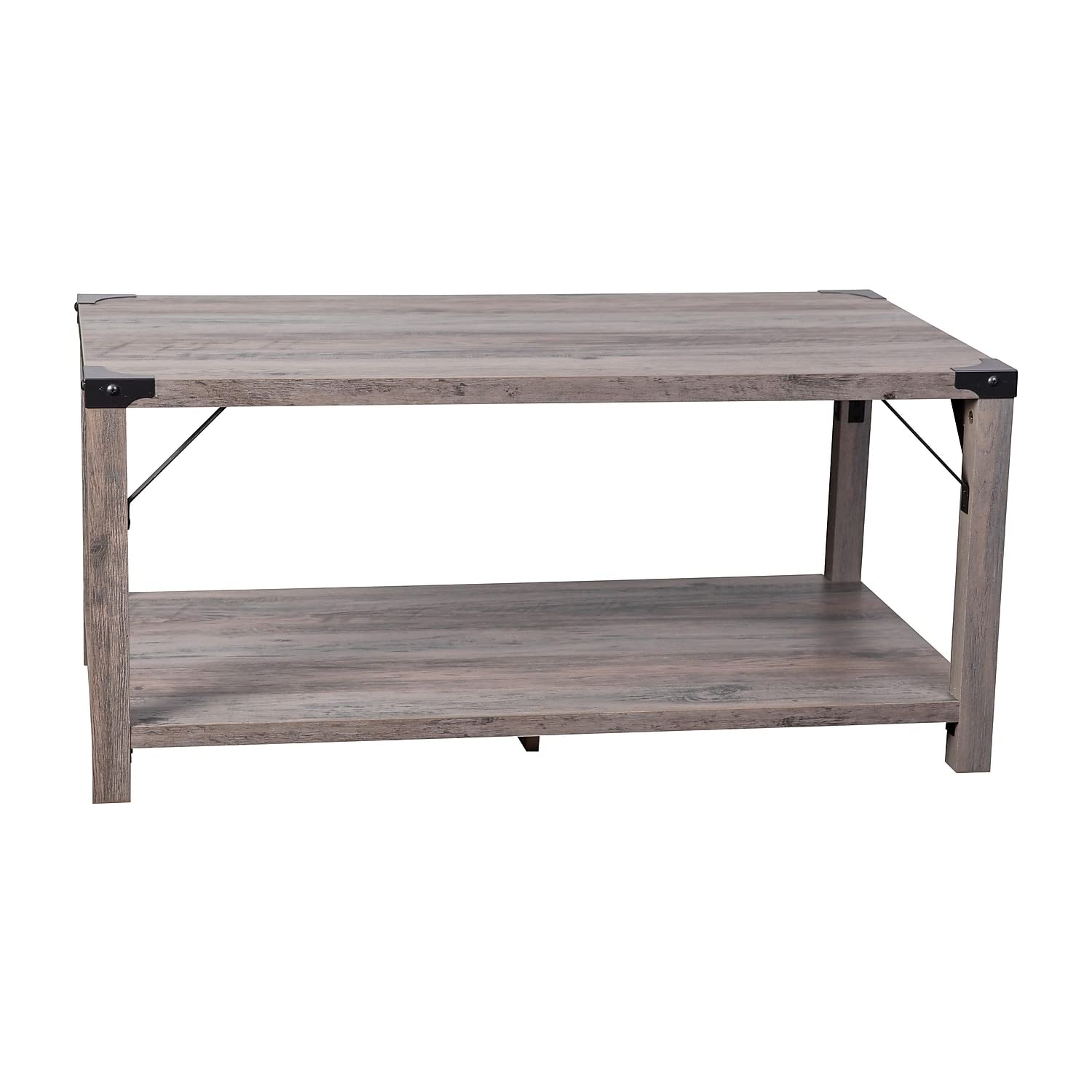 Flash Furniture Wyatt Modern Farmhouse 2 Tier Coffee Table - Gray Wash Engineered Wood Frame - Black Metal Crisscross Side Braces and Corner Accents