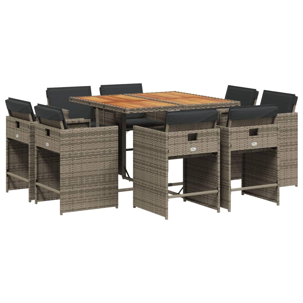 vidaXL Patio Dining Set with Cushions - 9 Piece Garden Furniture Set, Gray Poly Rattan and Acacia Wood, Foldable and Space-Saving, Includes 8 Chairs and Rectangular Table, UV-Resistant