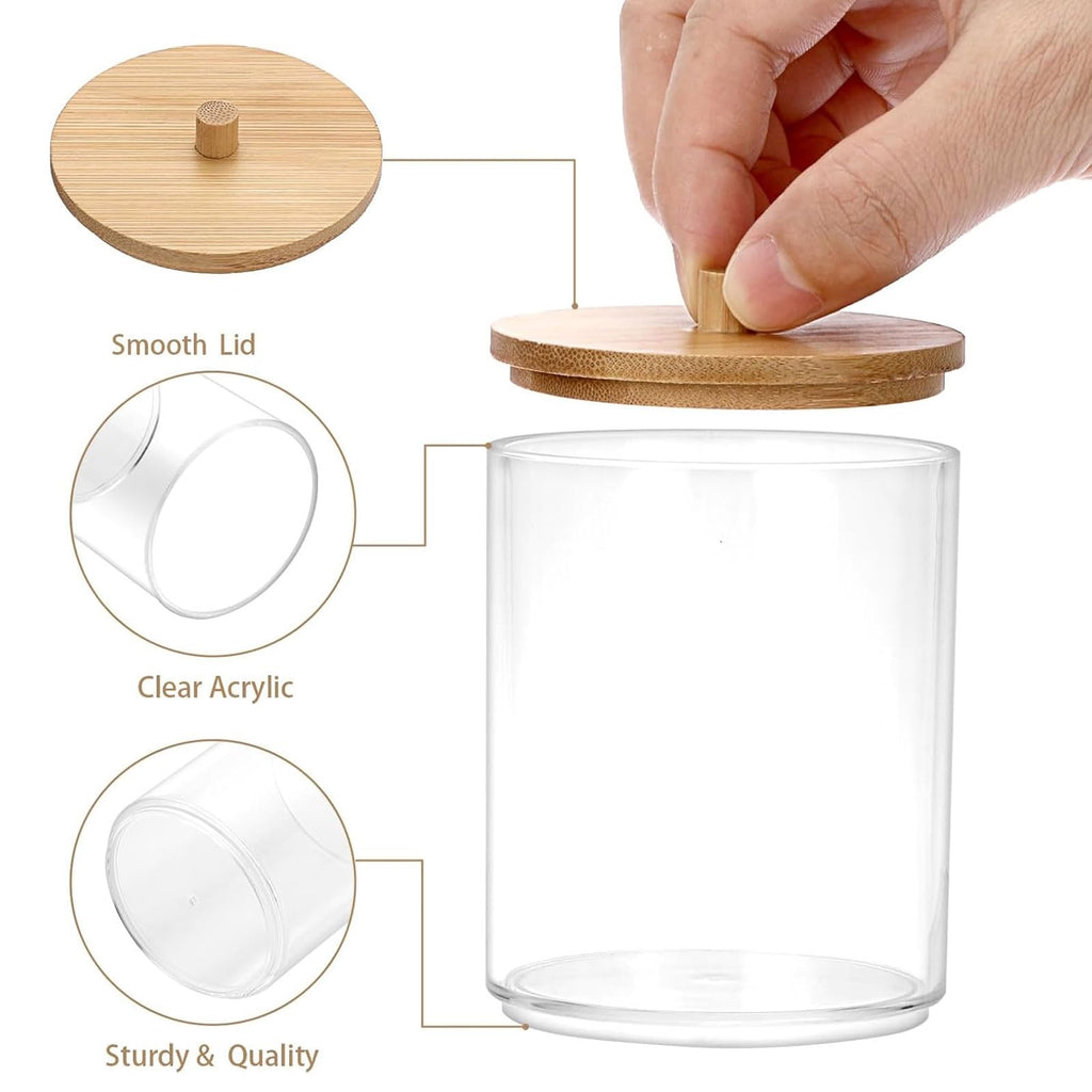 Hipiwe 2 Packs Acrylic Qtip Holder Dispenser With Lid Clear Plastic Bathroom Canisters Round Apothecary Jar Set Cotton Swab And