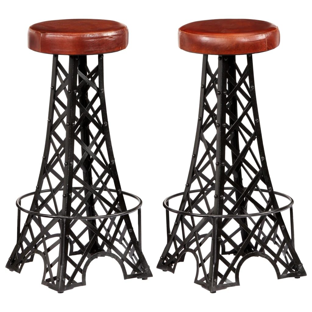 vidaXL Bar Stools - 2 Pieces with Real Leather Seats and Powder-Coated Iron Frame in Eiffel Tower Design - Perfect for Restaurants, Bars or Home - Brown and Black