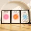SoulAbiti Soul Body Mind set of 3 Framed Wall Print 12x18 inch Black Frame PlexiGlass Aura Art ready to hang for living room be