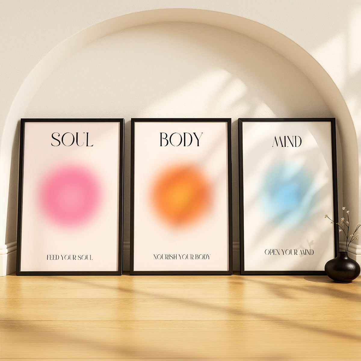 SoulAbiti Soul Body Mind set of 3 Framed Wall Print 12x18 inch Black Frame PlexiGlass Aura Art ready to hang for living room be