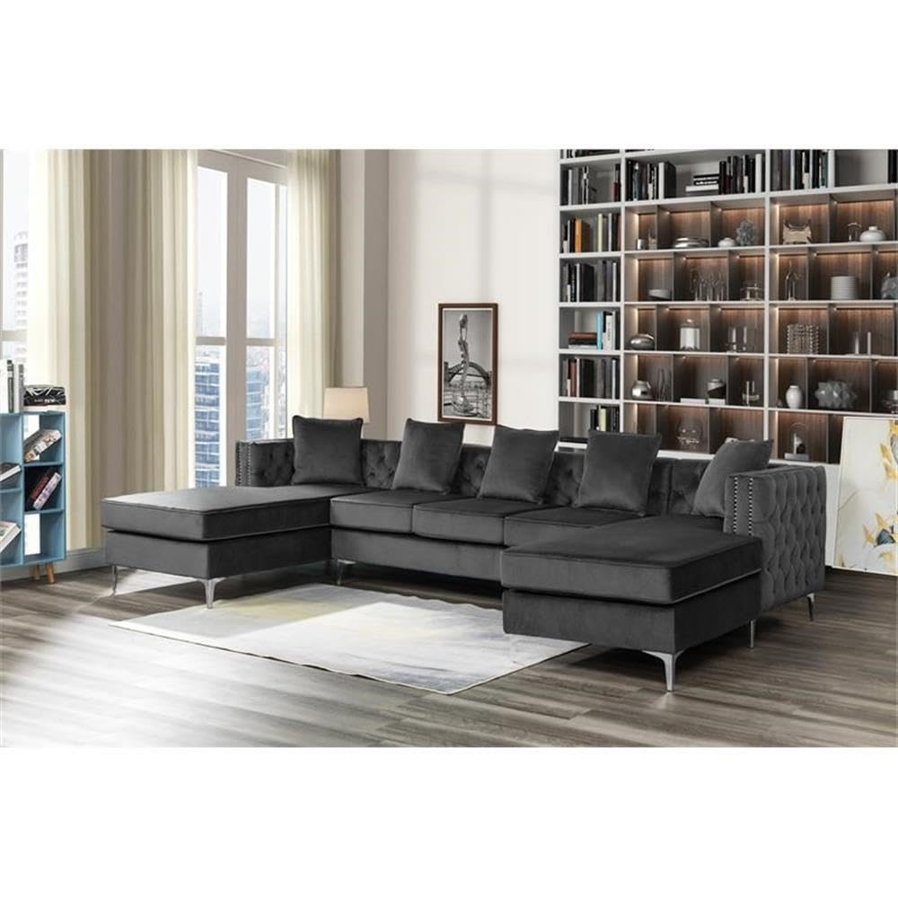 Lilola Home Ryan Dark Gray Velvet Double Chaise Sectional Sofa with Nail-Head Trim