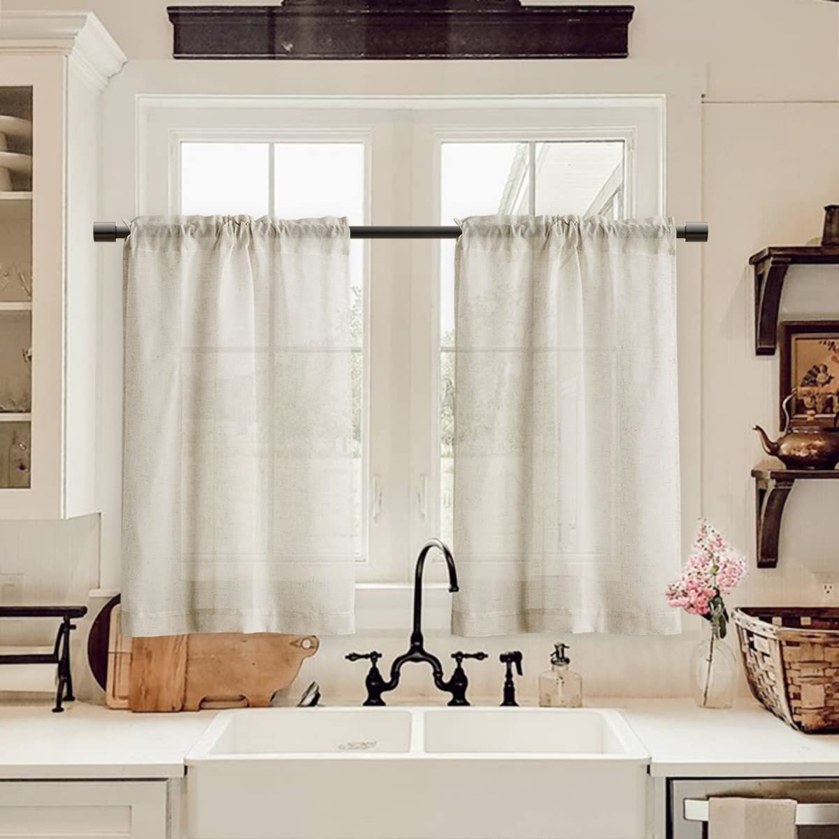 Farmhouse Boho Short Semi Sheer Curtains 24 Inch Length for Kitchen Over Sink Bathroom Rod Pocket Linen Cream Ivory RV Camper Sm