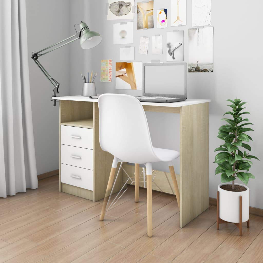 vidaXL Desk with Drawers Home Indoor Computer Gaming Workstation Office Corner Writing Table Desk Furniture White and Sonoma Oak Engineered Wood