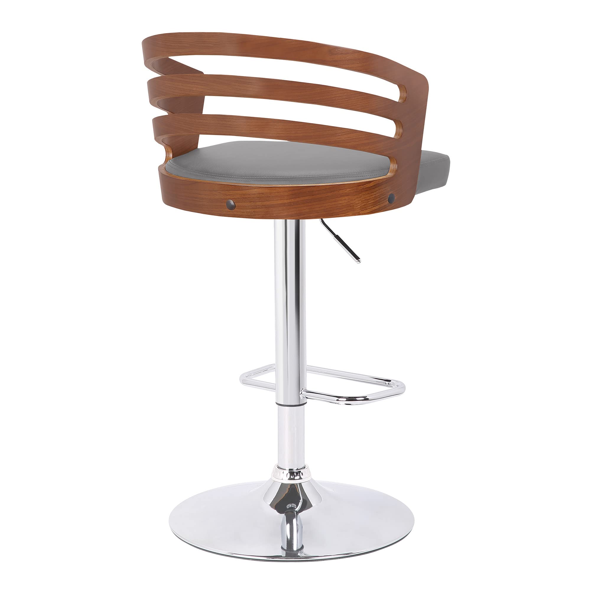 HomeRoots Poplar, Faux Leather, Chrome Metal Gray Faux Leather Walnut Wood and Chrome Adjustable Swivel Bar Stool