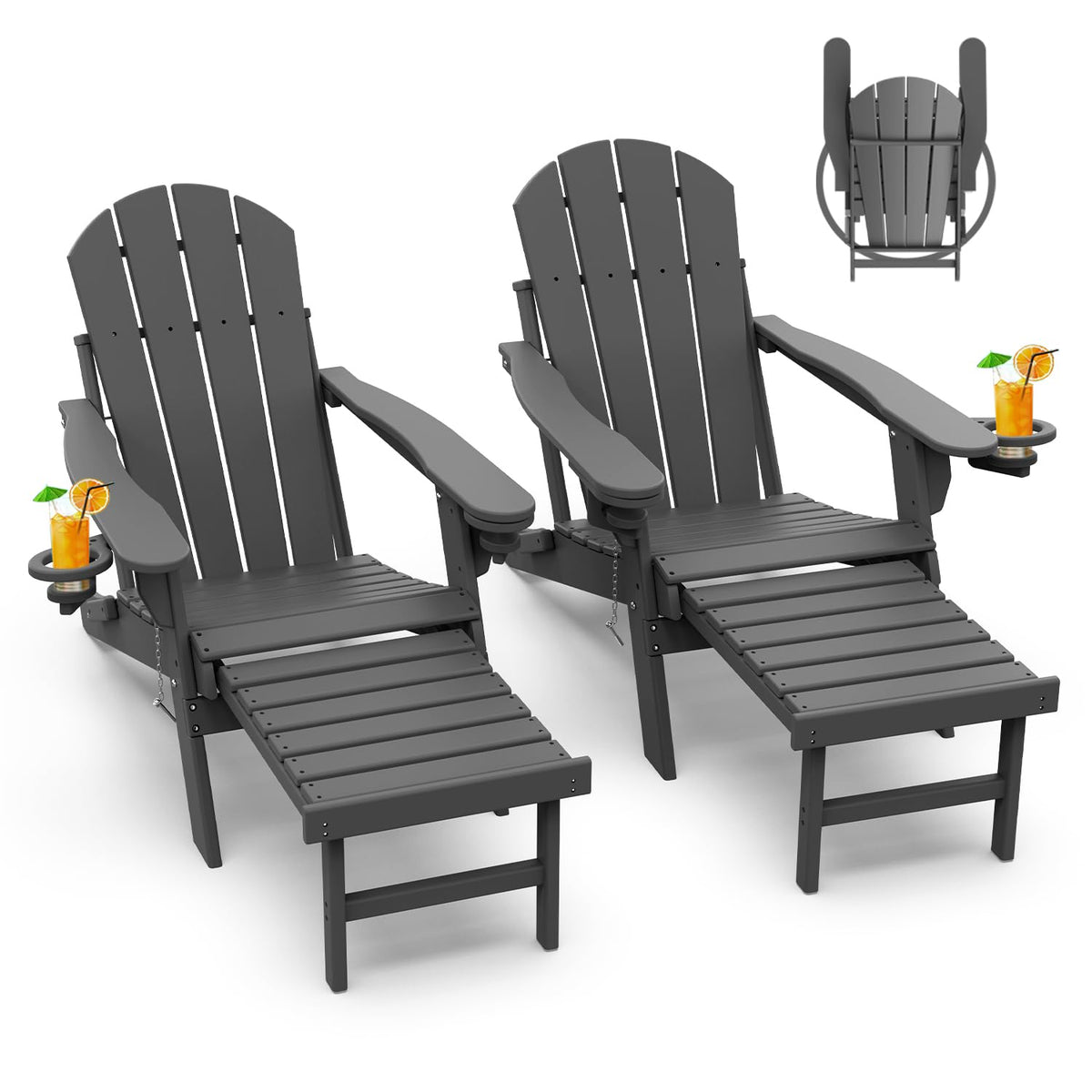 Greenvines Adirondack-Chairs-With-Ottoman | Set Of 2 | Folding | Retractable-Footrest | Hdpe Plastic | All Weather Fire Pit Chair | Cup Holders | Grey | For Outdoor Poolside