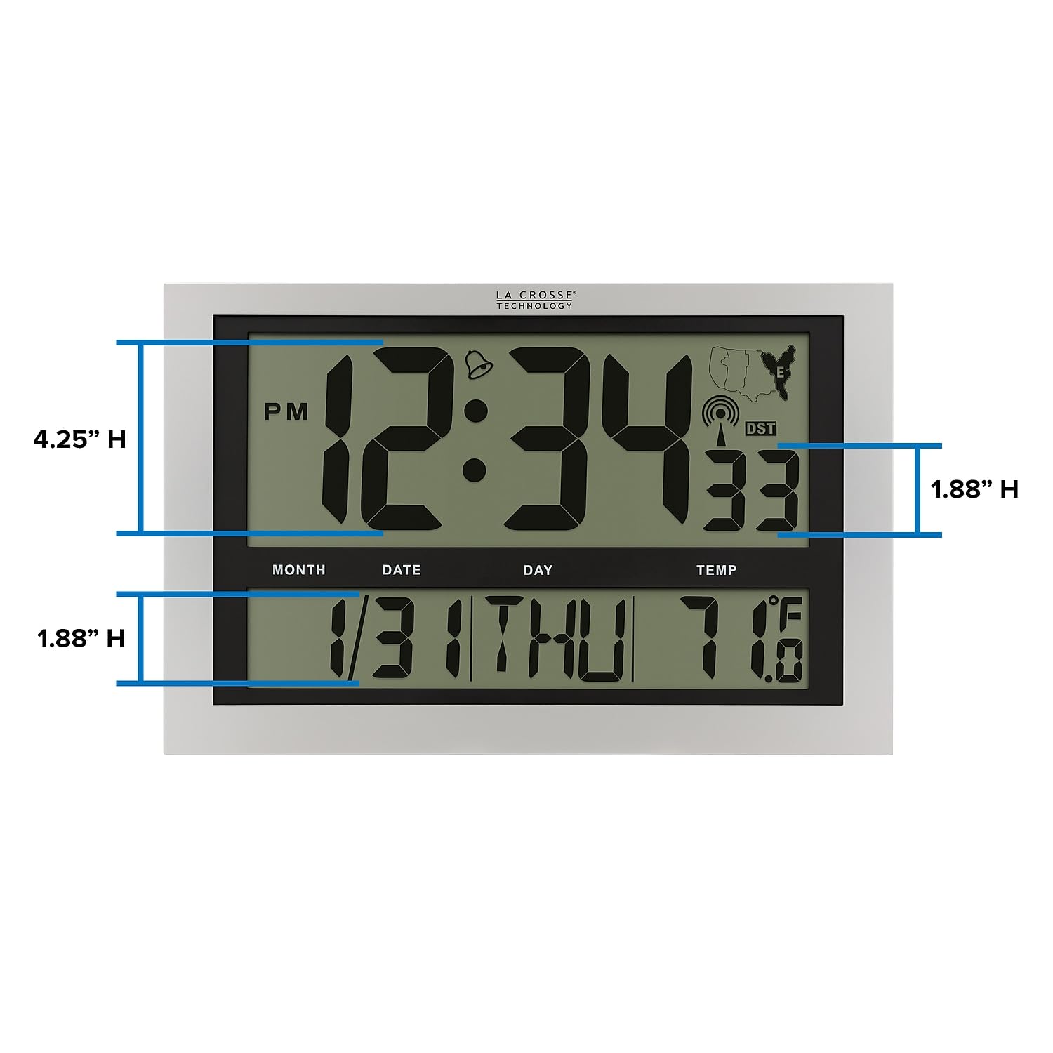 La Crosse Technology 513-1211 Atomic Wall Clock With Jumbo Lcd Display With Indoor Temperature , Silver