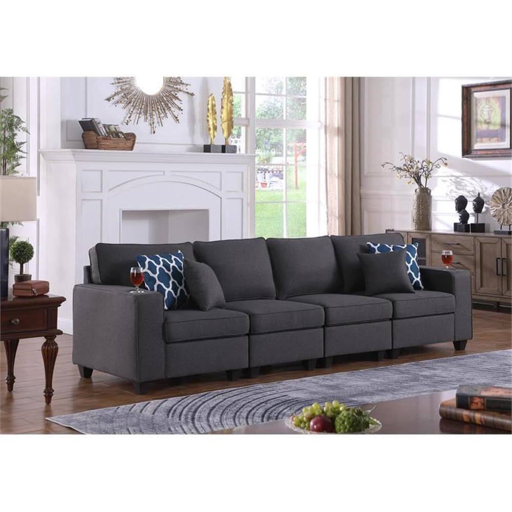 Lilola Home Cooper Dark Gray Linen 4-Seater Sofa with Cupholder