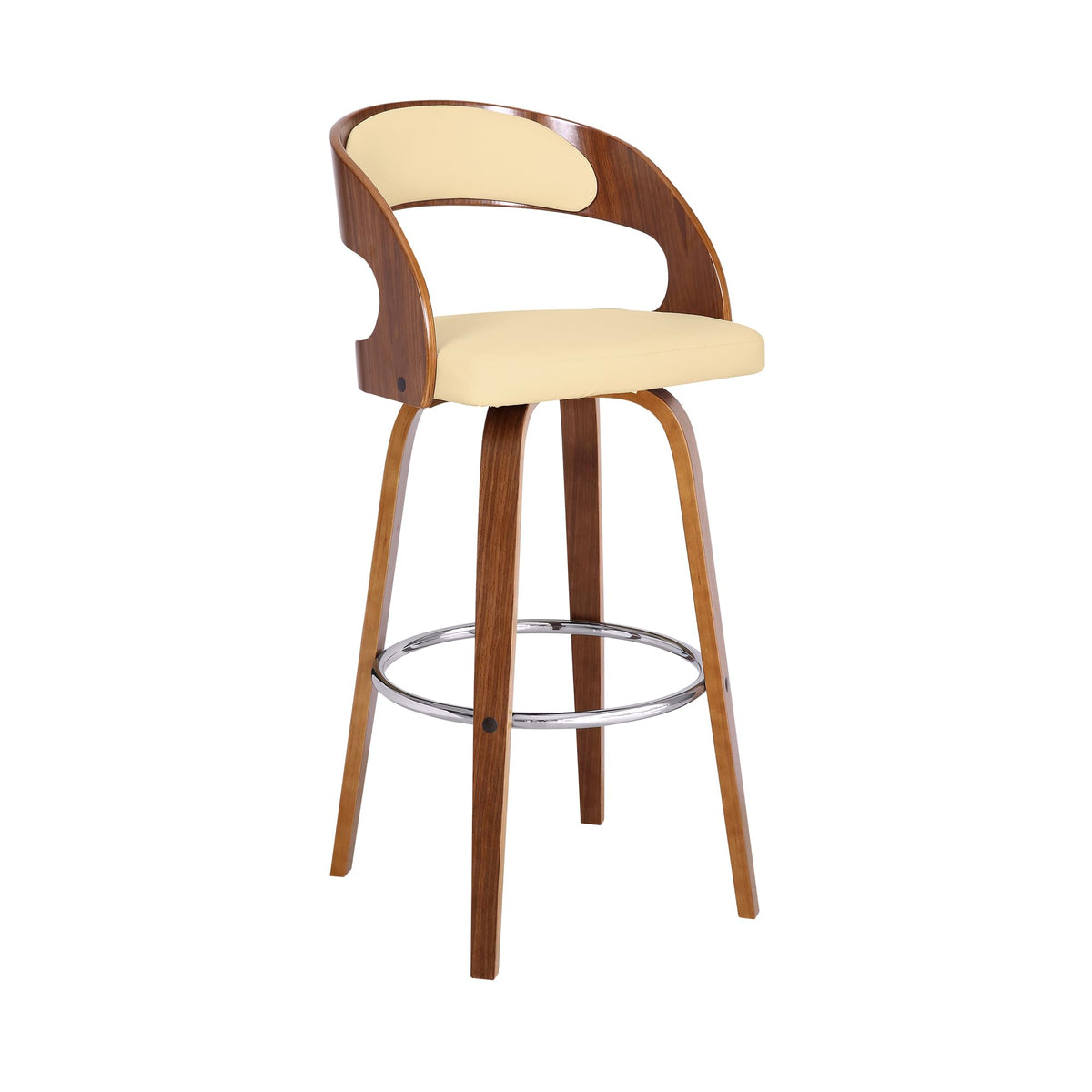 Armen Living Shelly Mid Century Modern Swivel Bar Stool for Kitchen Island Counter in Cream Faux Leather and Walnut Wood, 30'' S