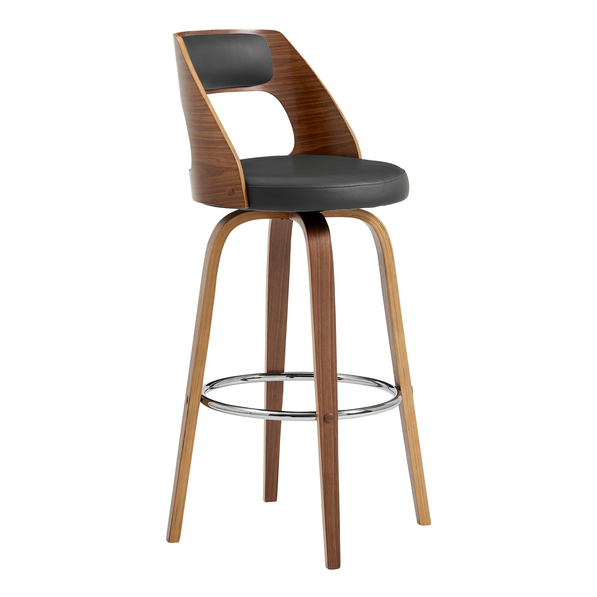HomeRoots Gray Bent Wood/Metal/Faux Leather 26' Retro Mod Grey Faux Leather and Walnut Swivel Counter Stool
