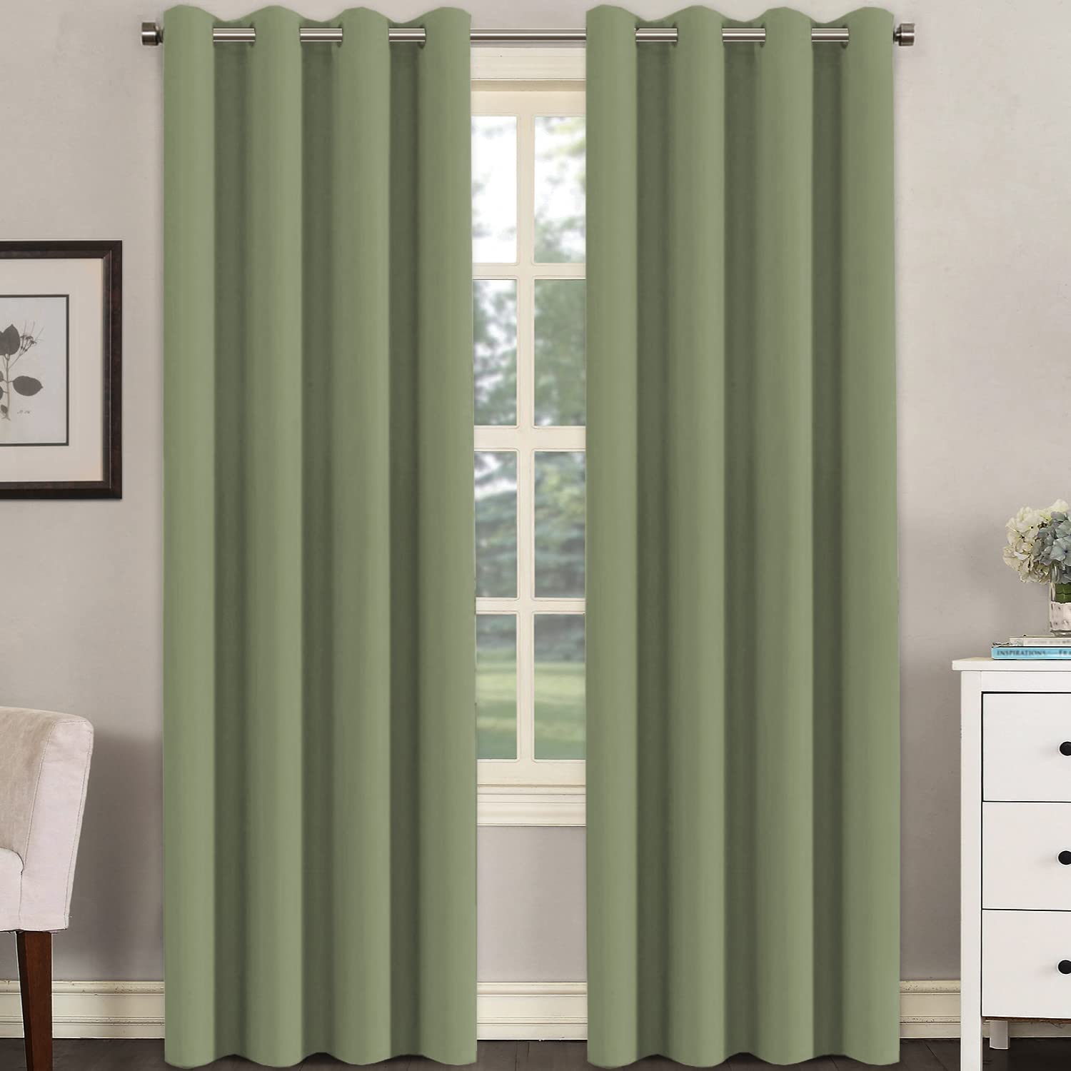 H.Versailtex Premium Blackout Thermal Insulated Room Darkening Curtains For Bedroom/Living Room - Classic Grommet Top (2 Panels, Sage, 52 Inch By 96 Inch)