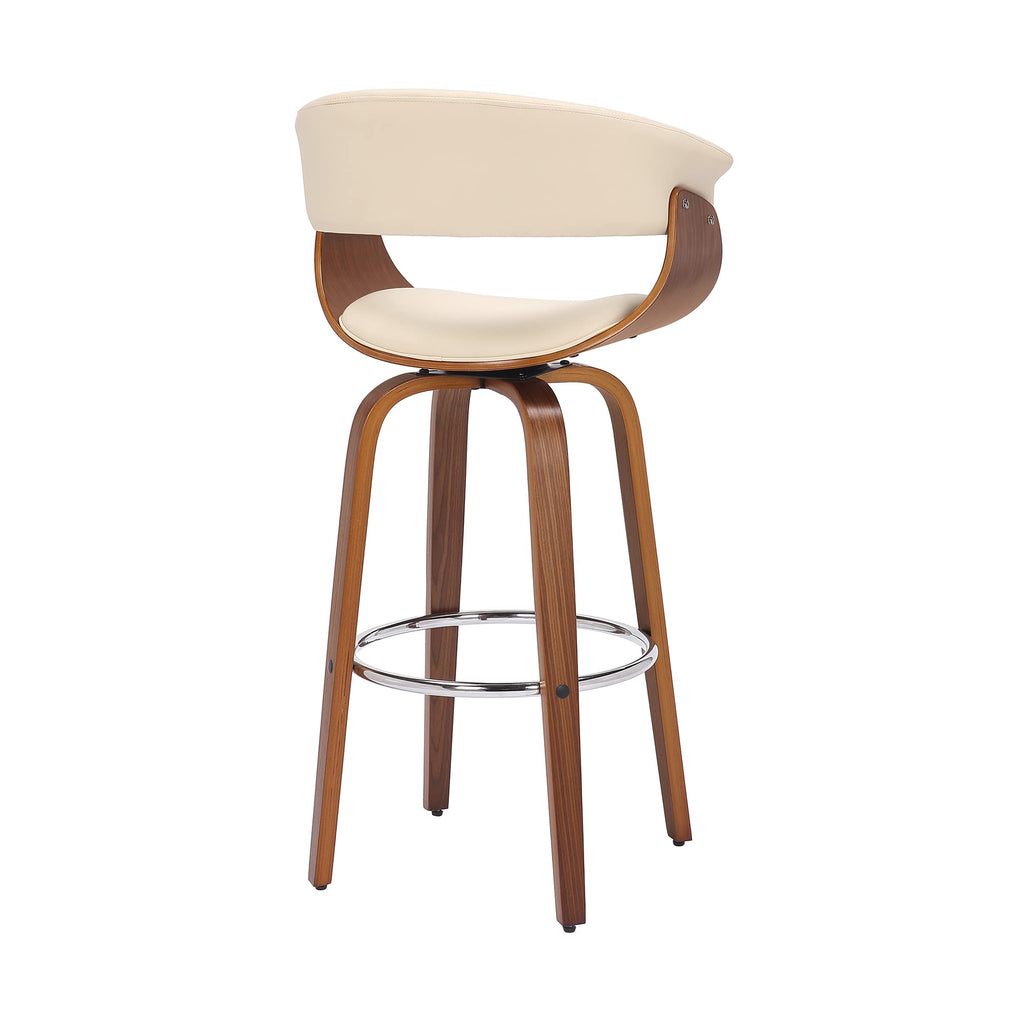 Armen Living Julyssa Mid Century Modern Swivel Bar Stool For Kitchen Island Counter In Cream Faux Leather And Walnut Wood, 30' Seat Height