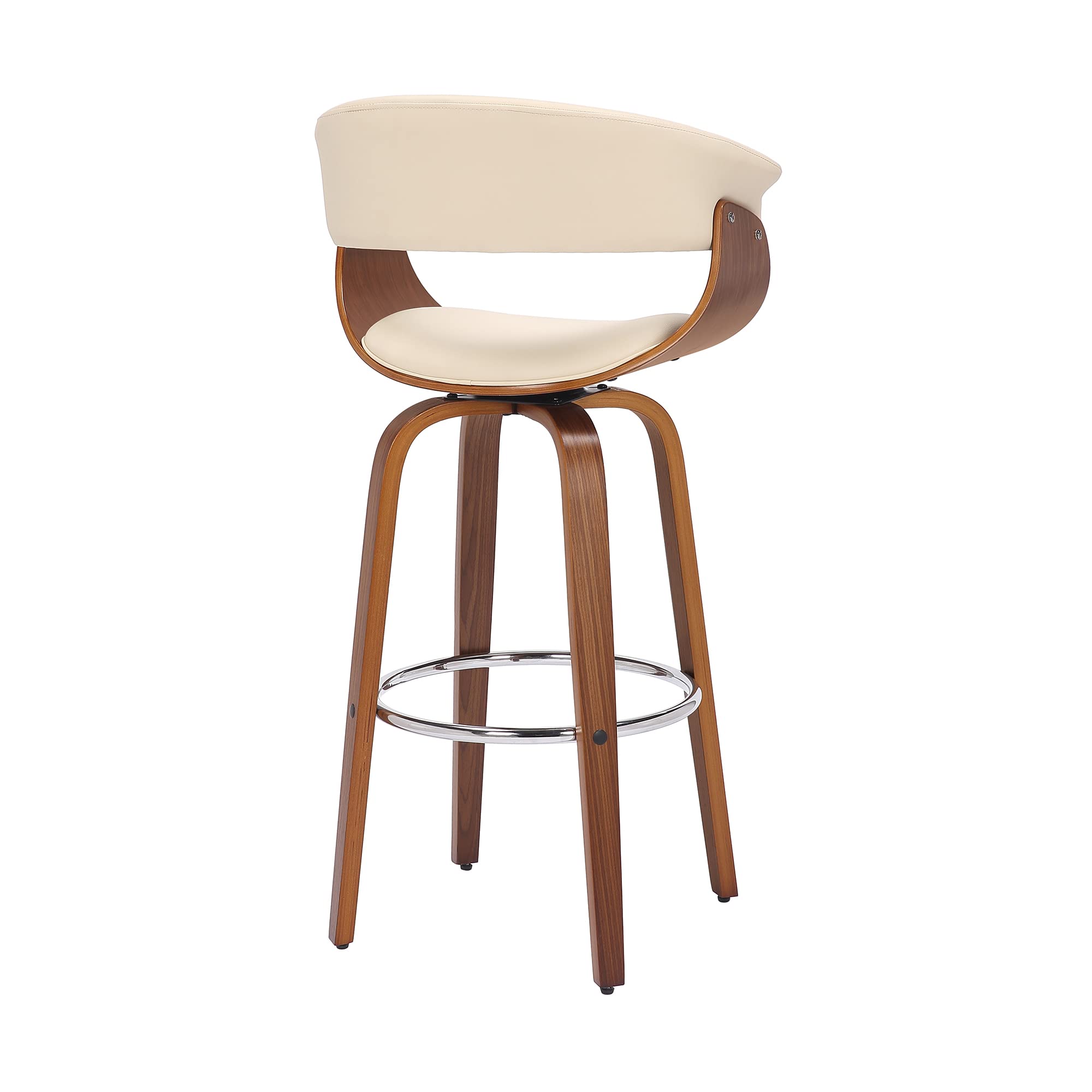 Armen Living Julyssa Mid Century Modern Swivel Bar Stool For Kitchen Island Counter In Cream Faux Leather And Walnut Wood, 30' Seat Height
