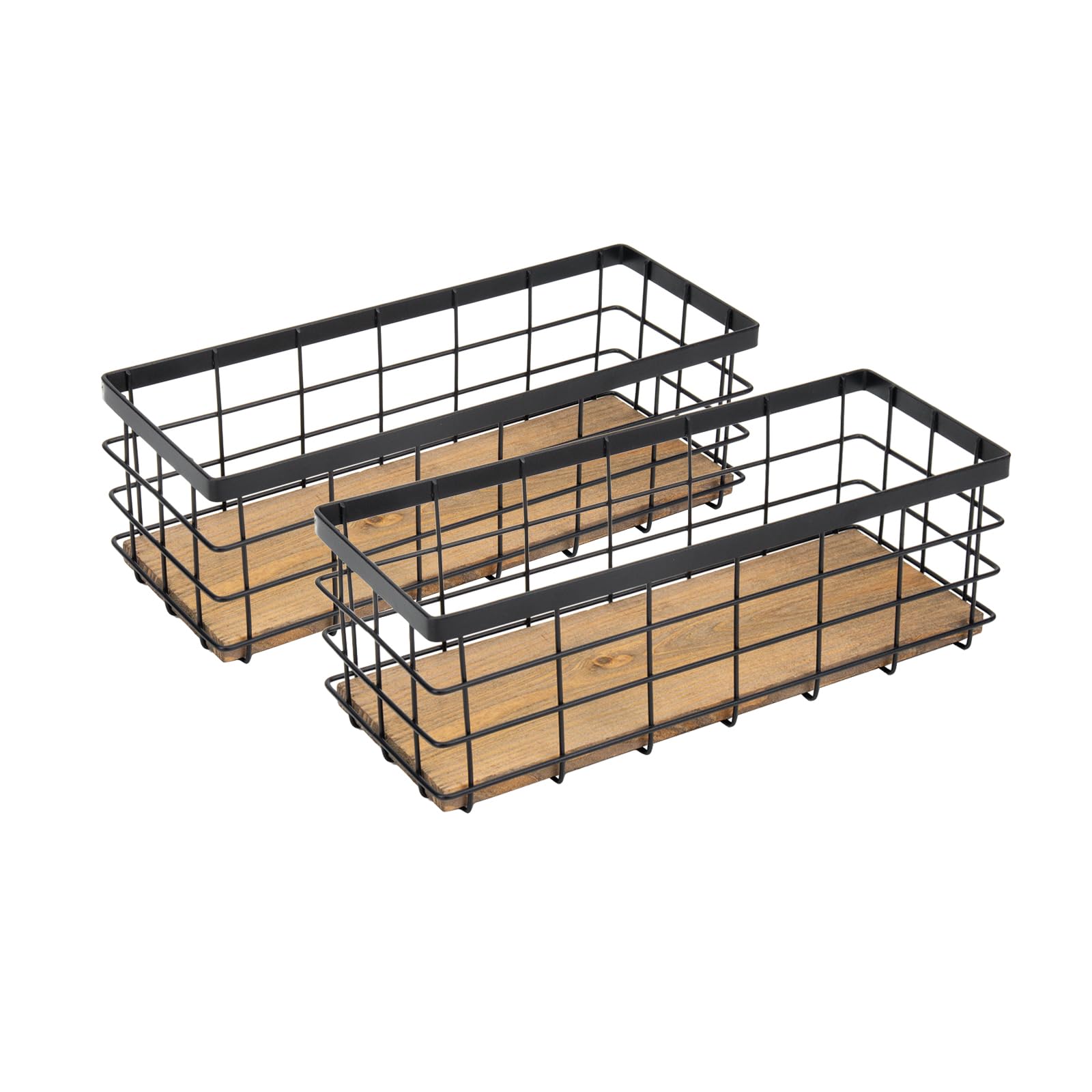TIEYIPIN Farmhouse Small Metal Wire Storage Basket Bin, Rustic Home Storage Organizer with Wooden Bottom for Kitchen, Cabinets, 