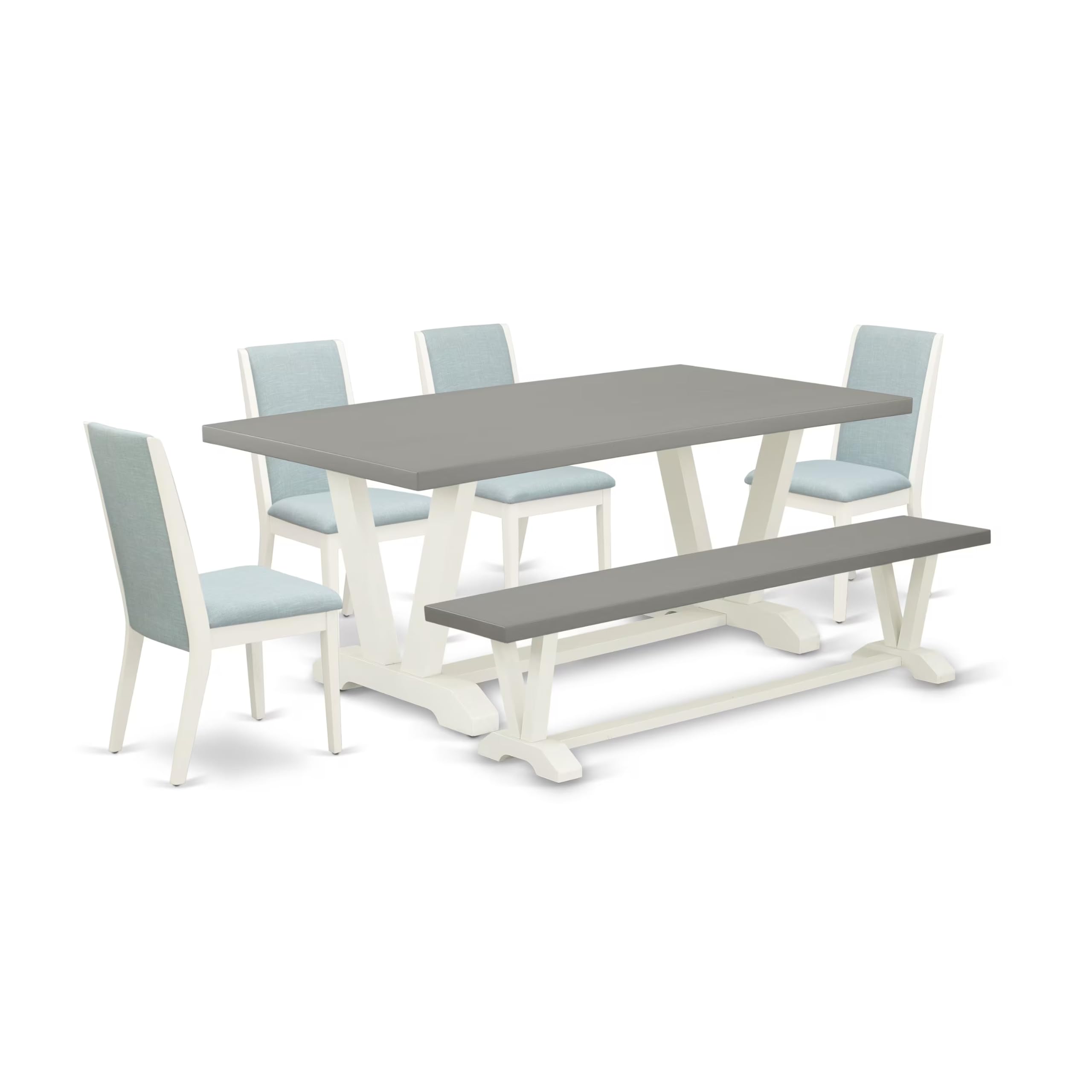 East West Furniture V-Style 6 Piece Set Contains A Rectangle Dining Room Table With V-Legs And 4 Baby Blue Linen Fabric Parson Chairs With A Bench, 40X72 Inch, Multi-Color
