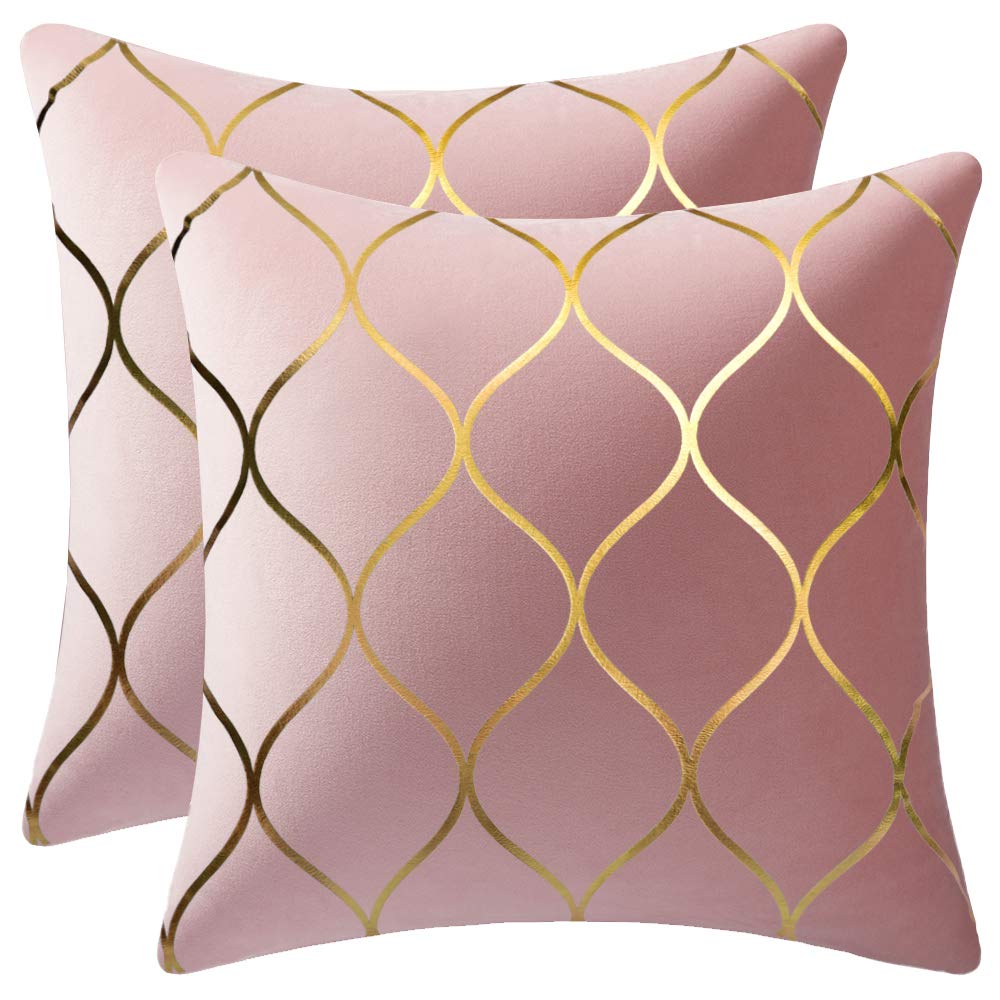 Dezene Gold Velvet Throw Pillow Covers: 2 Pack 18X18 Inch Square Decorative Pillow Cases For Bedroom Sofa Couch Living Room, Pin
