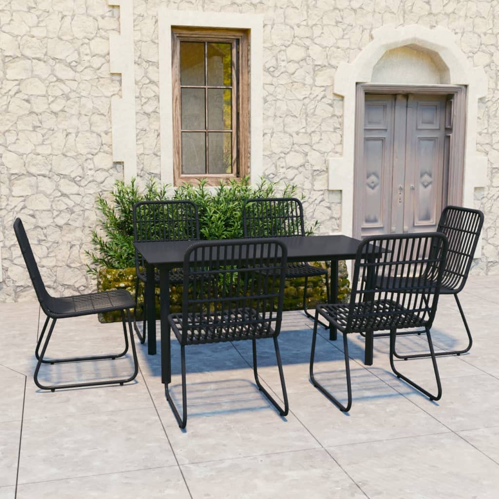 vidaXL 5-Piece Patio Dining Set: Black Poly Rattan, Powder-Coated Steel and Glass, Lightweight Outdoor Furniture, Weather-Resistant Chair Seats