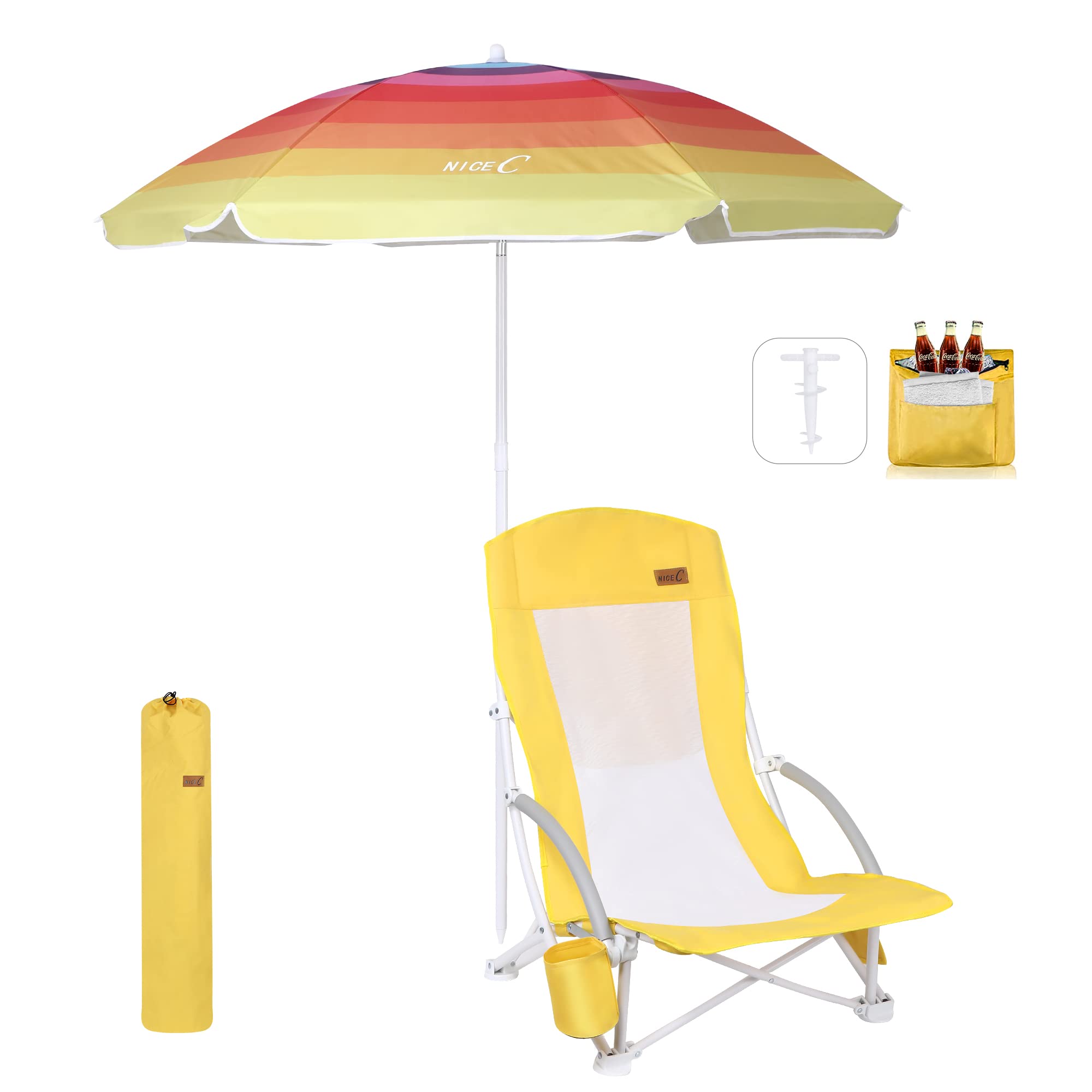 Nice C Beach Chair, Sand Chair, Beach Chairs for Adults with Umbrella and Cooler, High Back, Cup Holder & Carry Bag & Heavy Duty