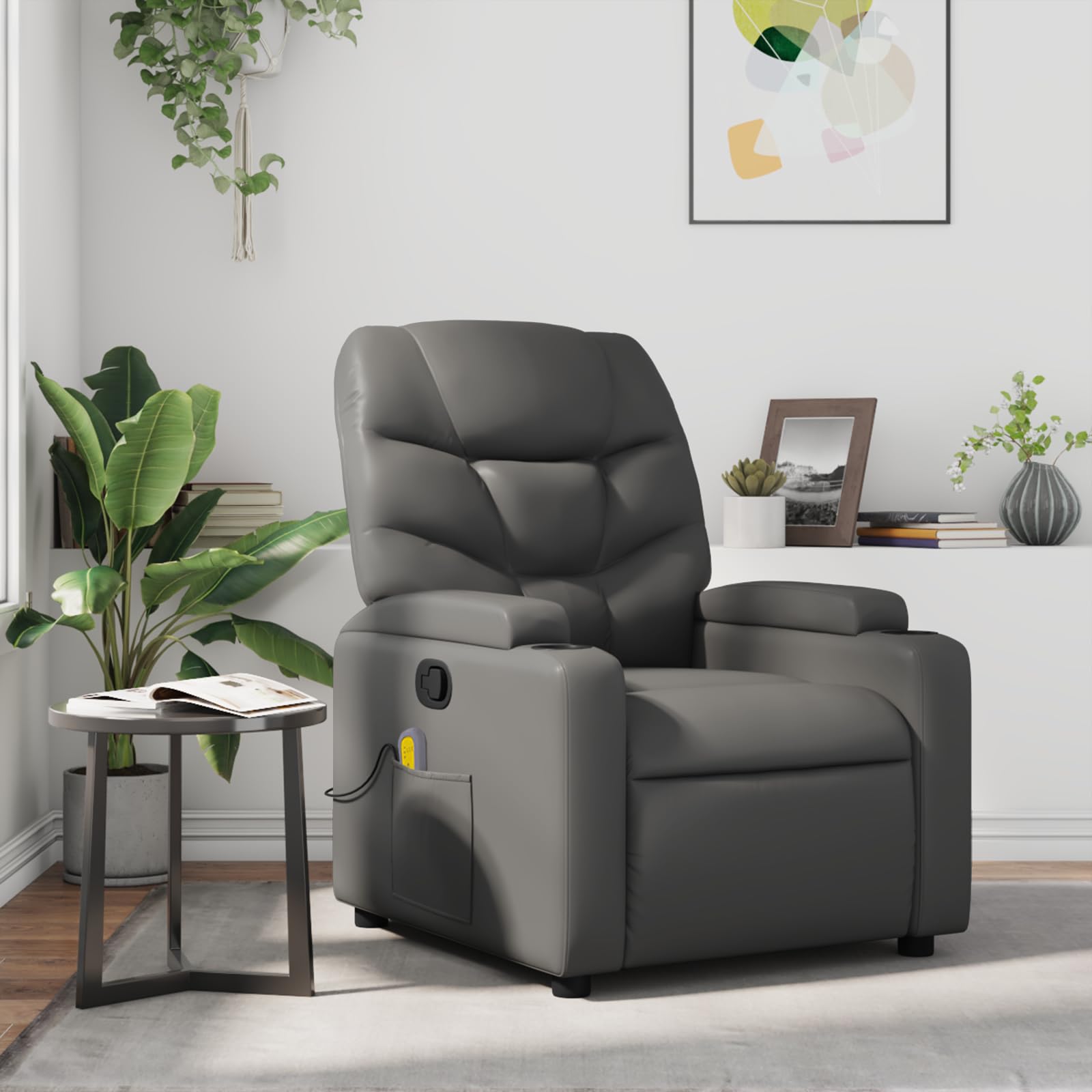 vidaXL Gray Leather Recliner Chair with 6-Point Vibration Massage, Adjustable Backrest & Footrest, Cup Holders, Side Pocket, Padded Seat, Perfect for Living Room or Home Theater Seating