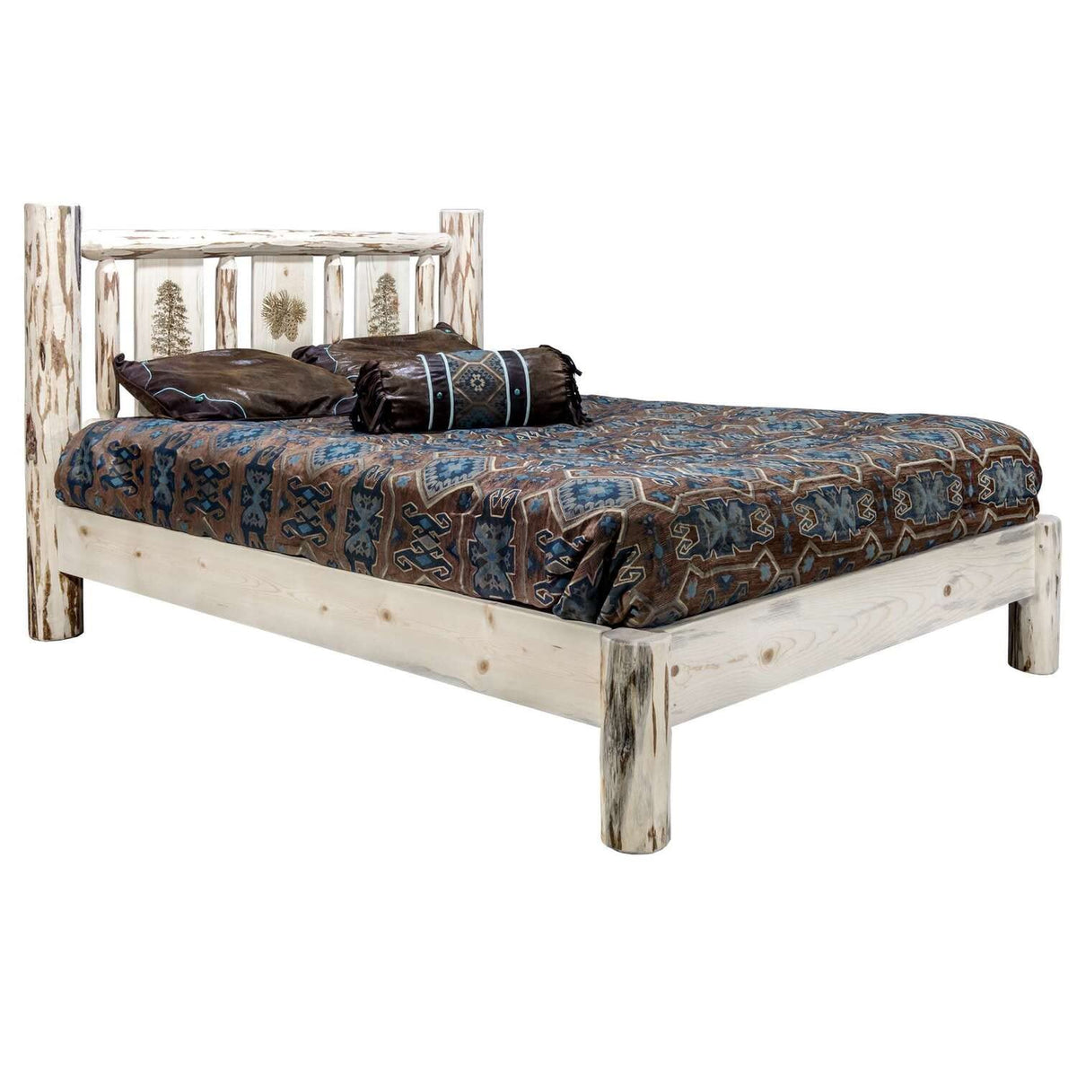 Montana Woodworks Pine Tree Design Engraved Platform Bed in Natural (Queen: 88 in. L x 66 in. W x 47 in. H (207 lbs.))