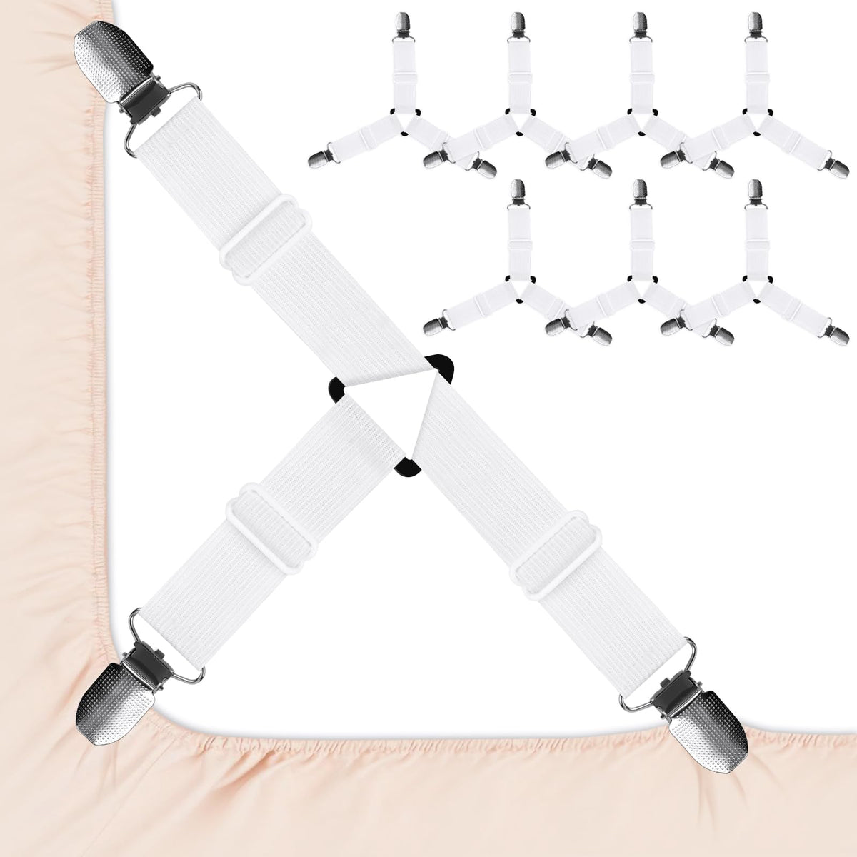 Vivinin 8 Pcs Sheet Straps With Metal Clips, Triangle Bed Sheet Straps Adjustable, Fitted Sheet Straps Non Slip, Bed Sheet Clips