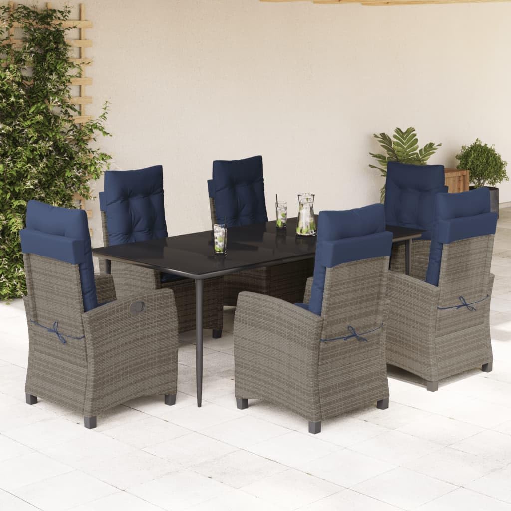 vidaXL 7-Piece Patio Dining Set - Outdoor Rattan Furniture with Adjustable Reclining Chairs, Tempered Glass Table, Cushions