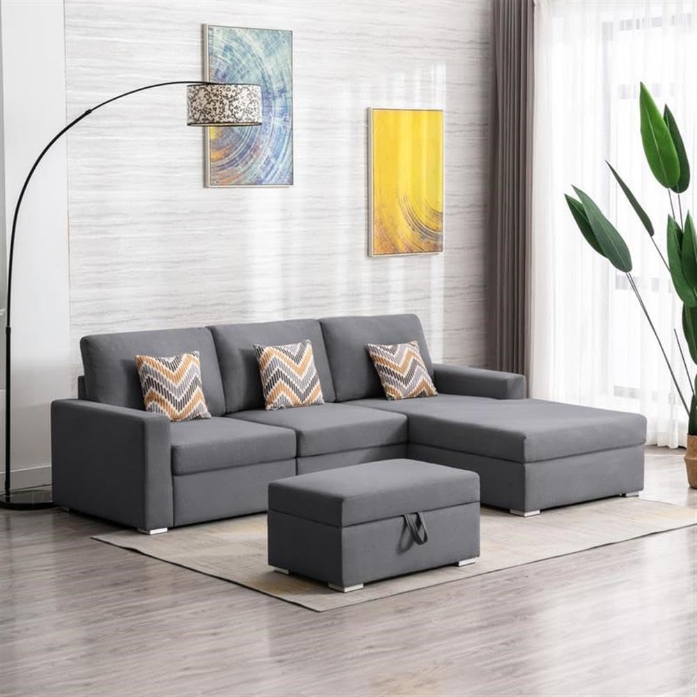 Lilola Home Nolan Gray Linen Fabric 4Pc Reversible Sofa Chaise with Interchangeable Legs, Storage Ottoman, and Pillows