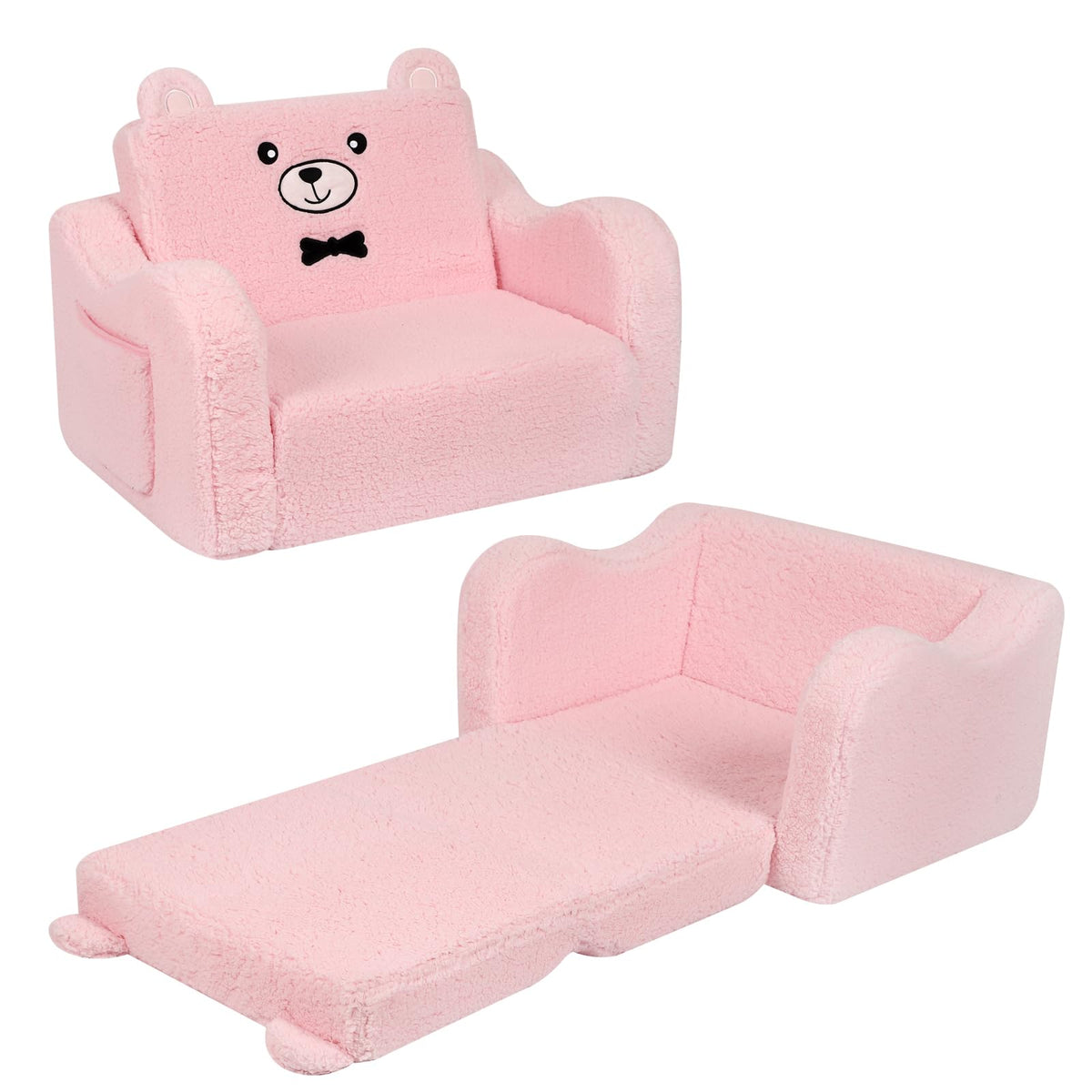 Momcaywex Kids Chairs For Toddler, 2-In-1 Toddler Soft Sherpa Couch Fold Out, Convertible Sofa To Lounger For Girls And Boys, Teddy Bear, Pink