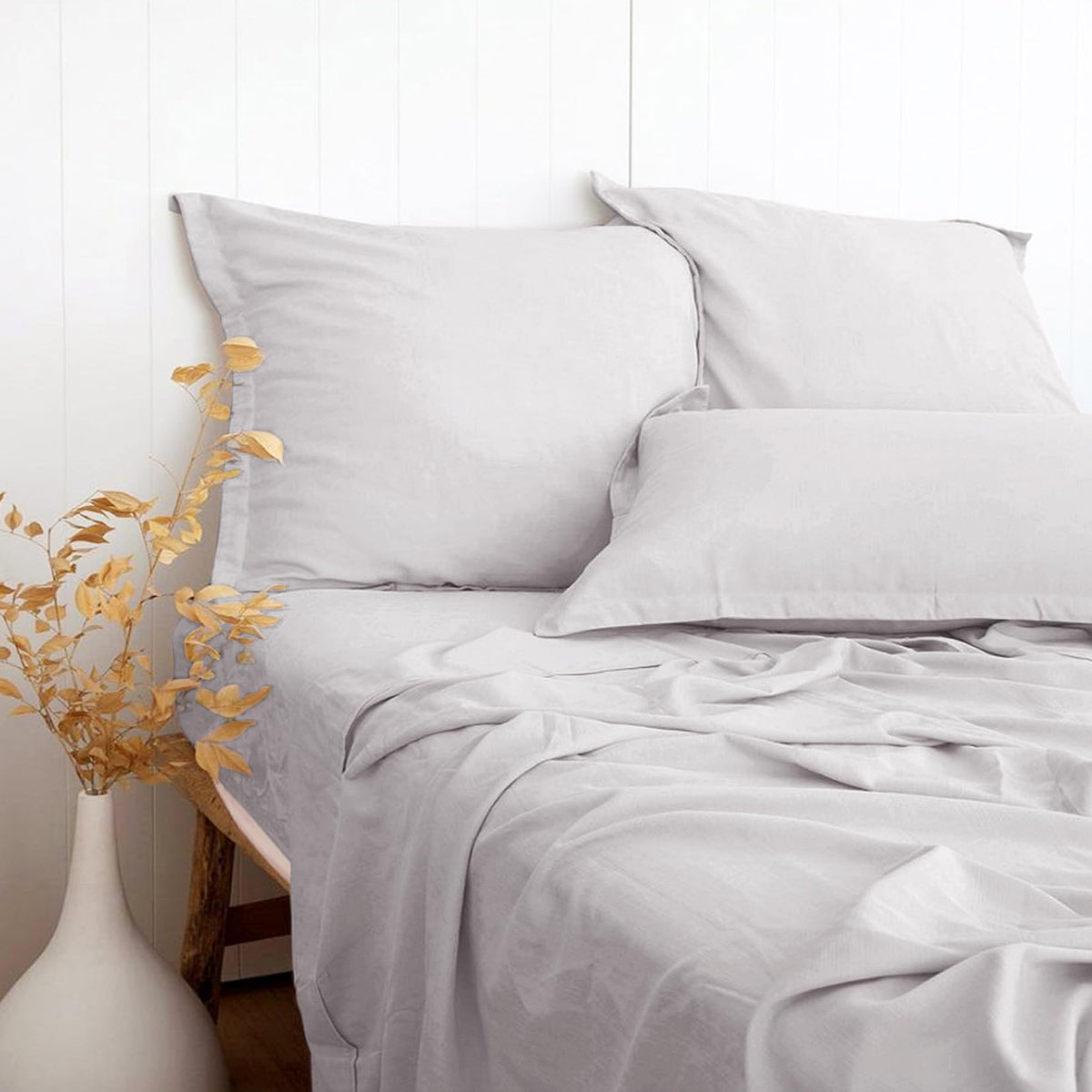 Pandatex Light Gray Queen Size 4 Piece Sheet Set, Linen-Textured Rayon Derived From Bamboo Cotton Blend Sheets, Soft Breathable