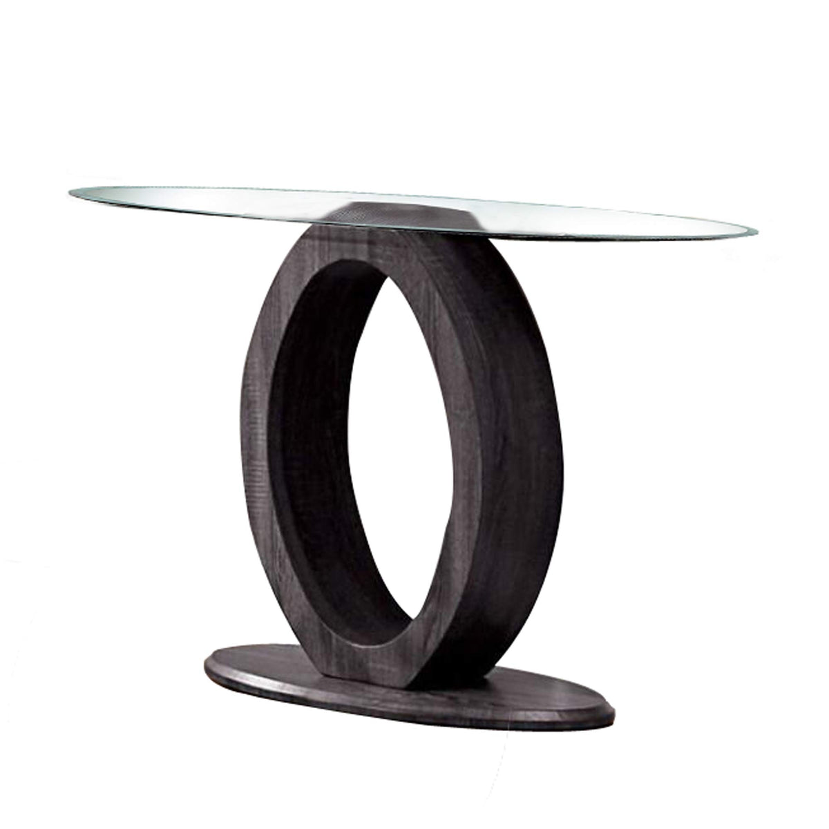 Benjara Tempered Glass Top Sofa Table With O Wooden Shape Base, Gray