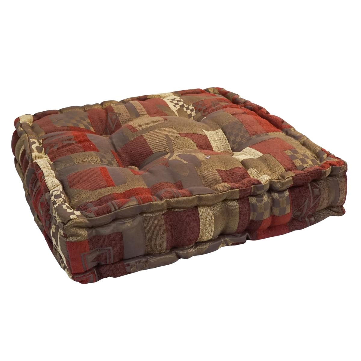 Blazing Needles Button Tufted Jacquard Chenille Square Floor Pillow, 20&quot;, Red Tan Abstract