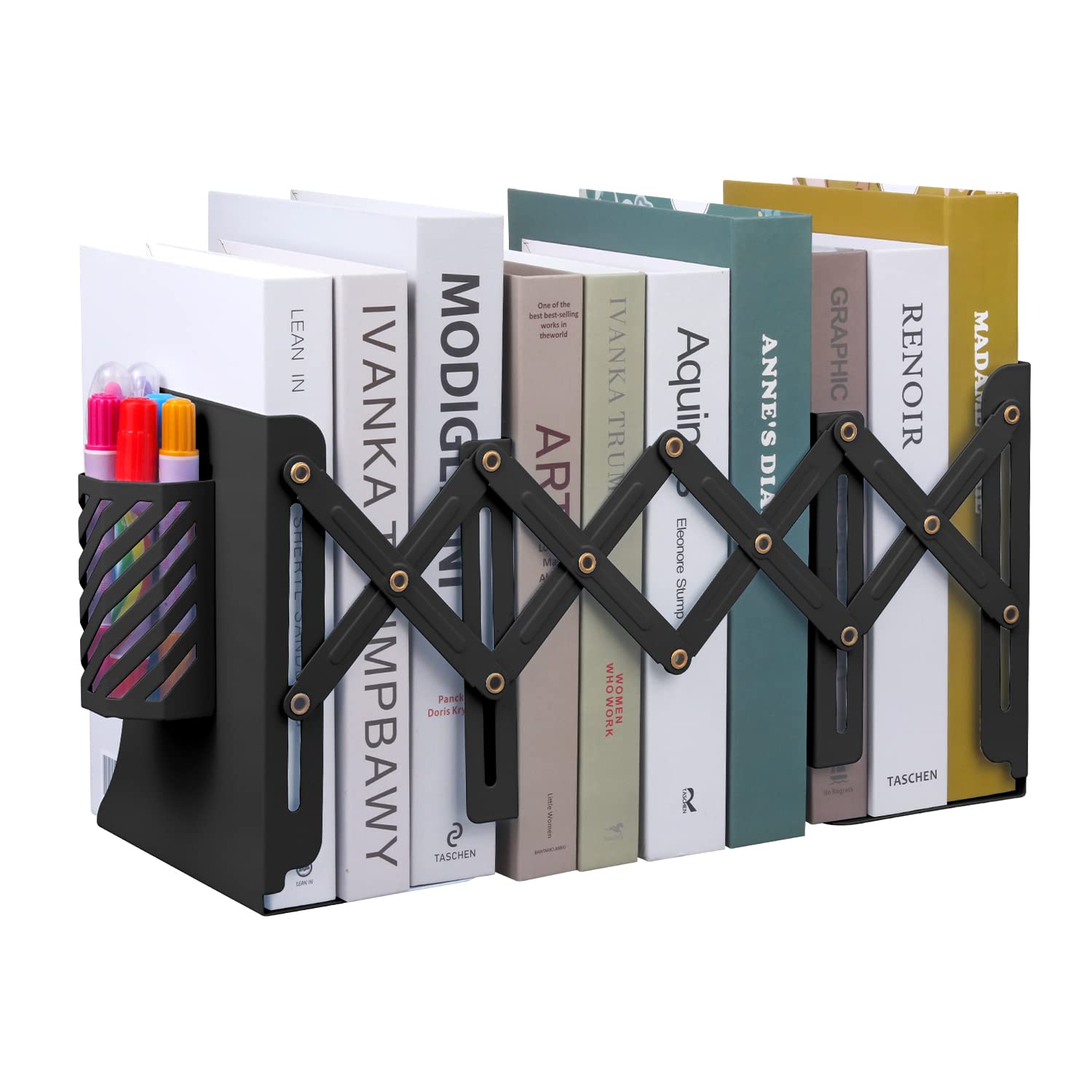 Msdada Adjustable Bookends, Book Ends For Heavy Books, Expandable Book Organizer With Pen Holder For Desk, Shelf, Office,Gifts F