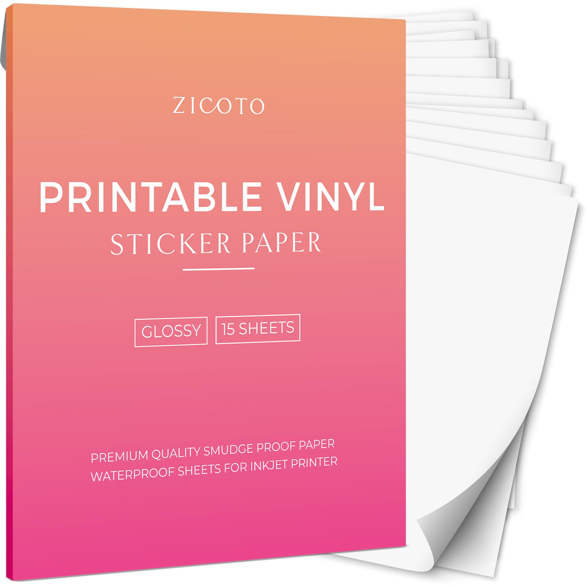 Zicoto Premium Printable Vinyl Sticker Paper - Glossy White 8.5 X 11 Inch Sheets For Your Inkjet Or Laser Printer - 15 Waterproo