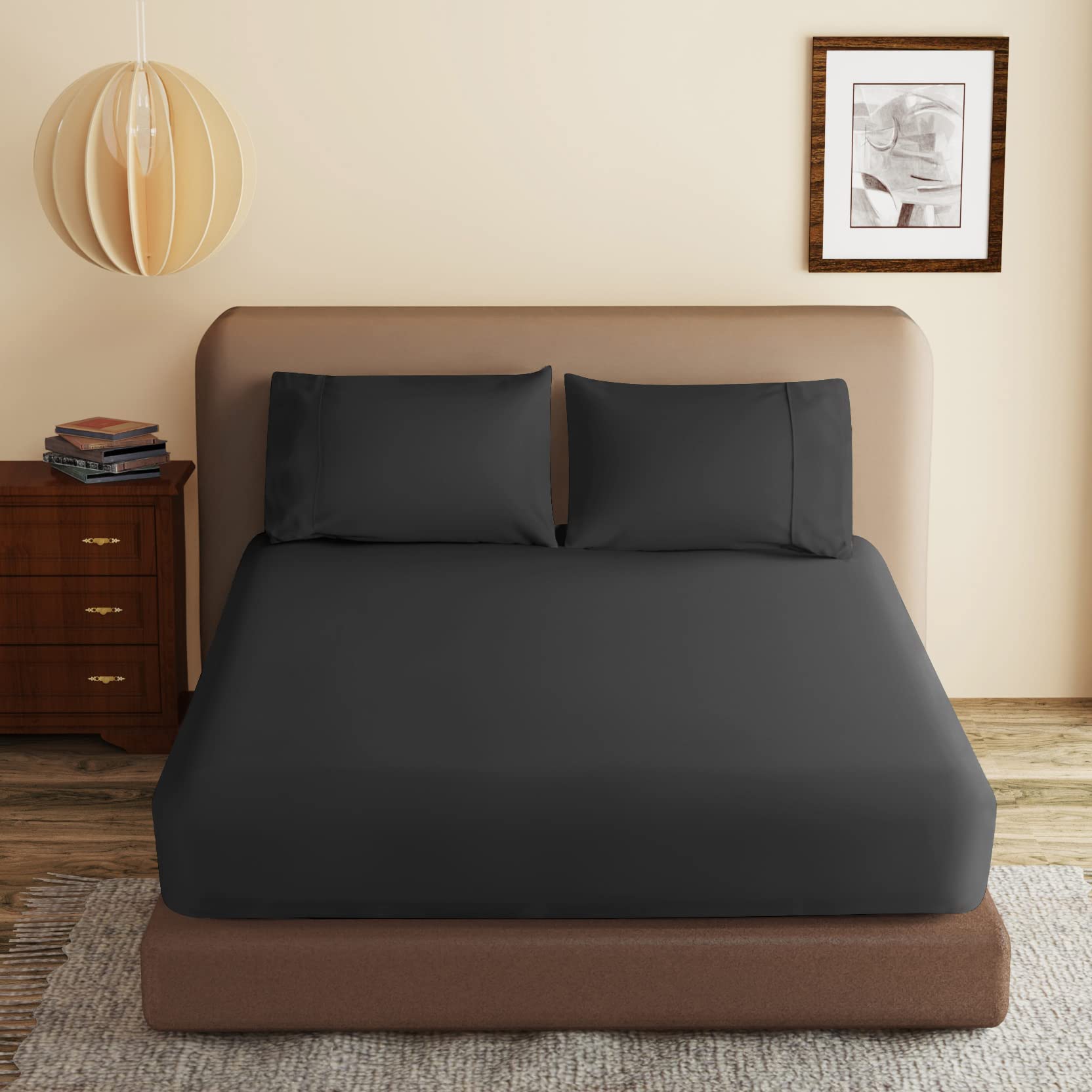 100% Egyptian Cotton Fitted Sheet Full Size Black, 600 Thread Count,8-16'' Deep Pocket Sheet, Soft & Elastic Sateen Weave Bottom
