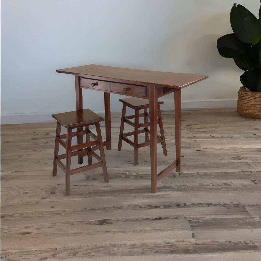 Ergode Mercer Double Drop Leaf Table with 2 Stools - Versatile, Compact, Cappuccino Finish