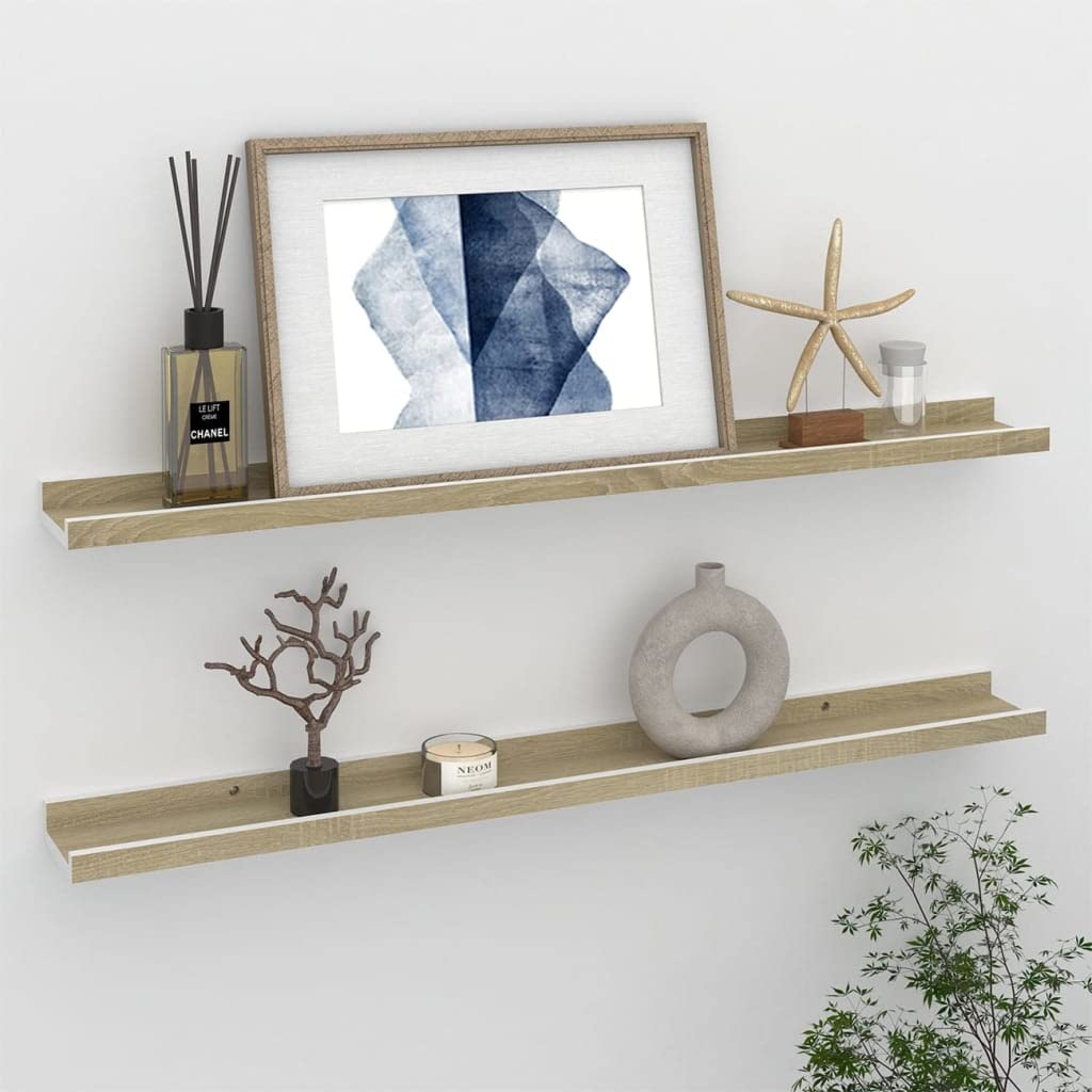 vidaXL MDF Wall Shelves, Set of 2, White and Sonoma Oak, 31.5&quot;x3.5&quot;x1.2&quot;, Easy to Clean, Versatile Usage, Great for Storage and Decoration