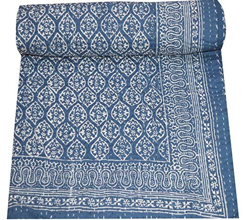 V Vedant Designs Indain Hand Indigo Blue Kantha Quilt Block Print Twin Bedspread Throw Vintage Kantha Quilt