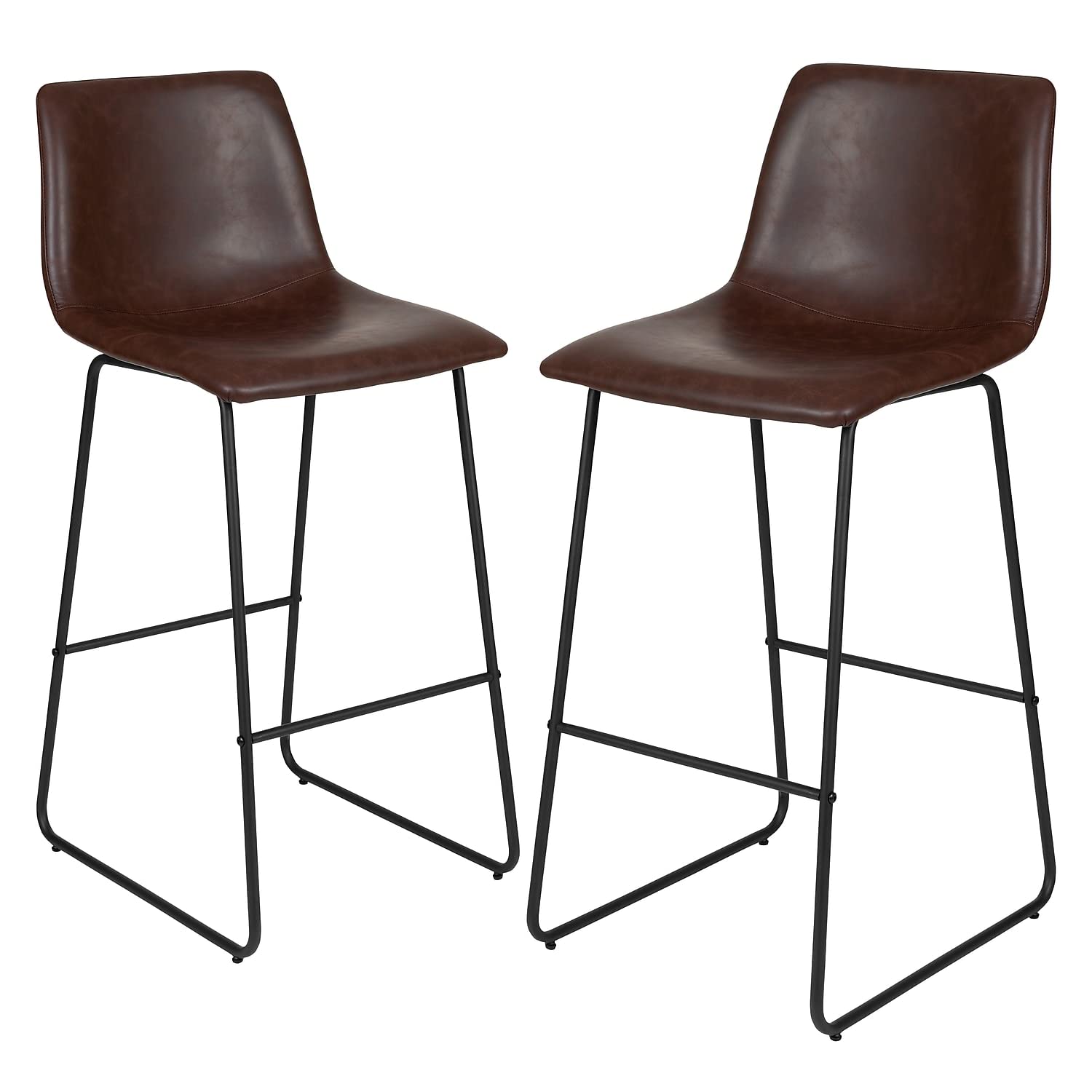 Flash Furniture Reagan 30" Leathersoft Barstools With Footrest, Mid-Century Modern Bucket Style Bar Height Stools, Set Of 2, Dark Brown