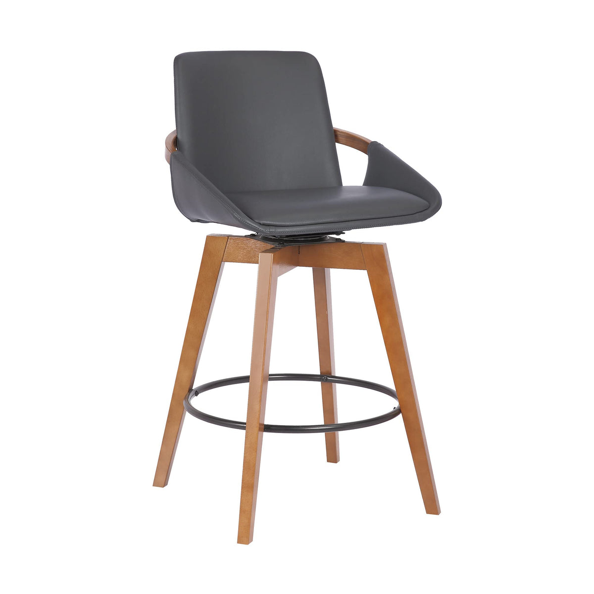 HomeRoots Gray Metal, Wood, Faux Leather 26' Luxurious Grey Faux and Walnut Wood Swivel Bar Stool