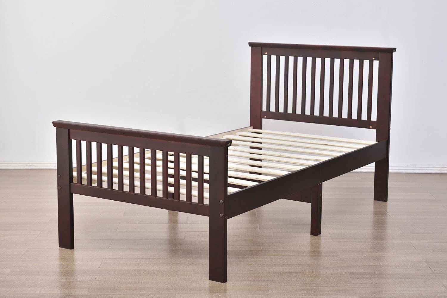 Twin Solid Wood Platform Bed with Headboard/Pine Twin Bed (Mahogany)