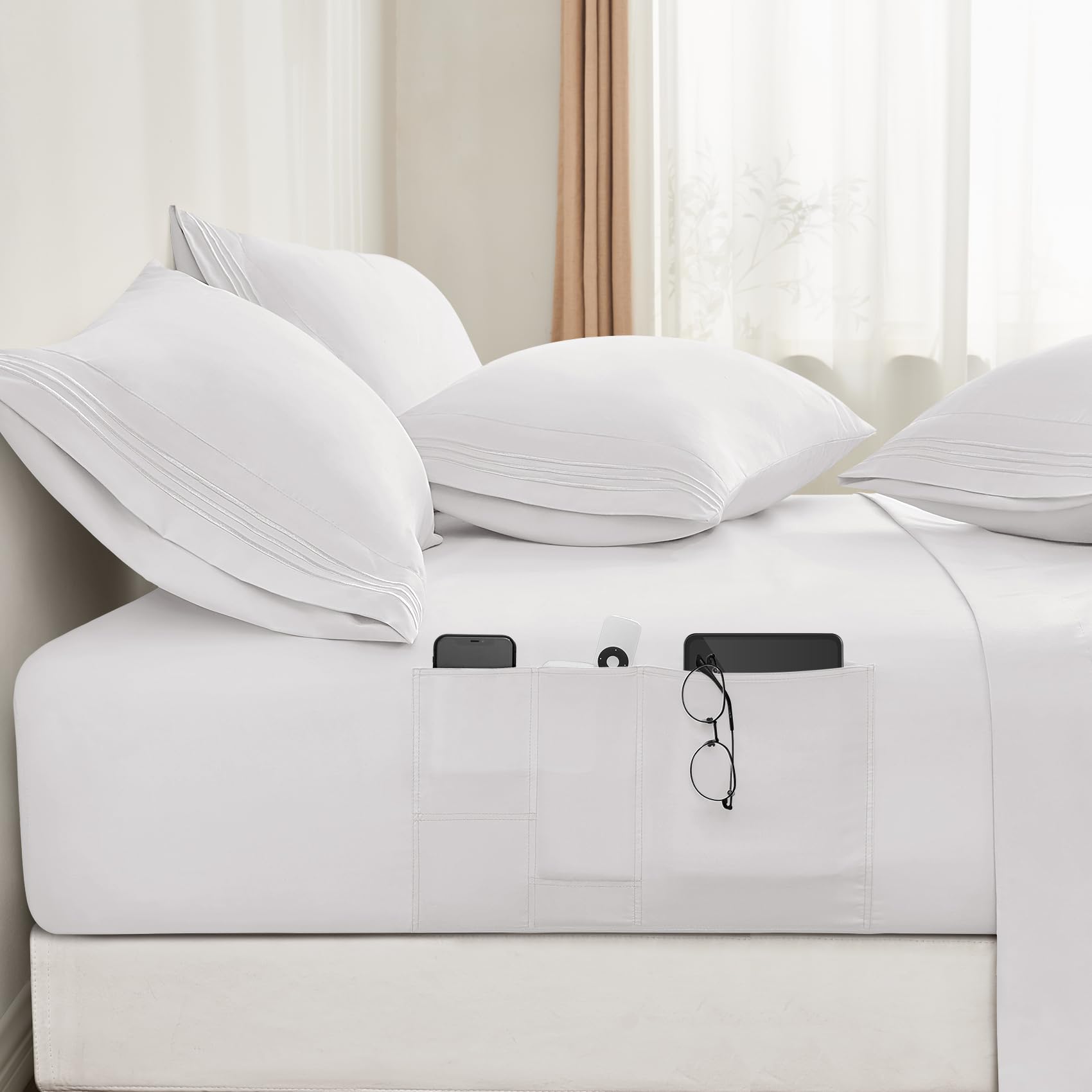 Bysure 6 Pieces Bed Sheets Set With Pockets On Side(Queen, White), Sweat-Wicking Breathable Sheets, 16-Inch Super Soft Hotel Emb