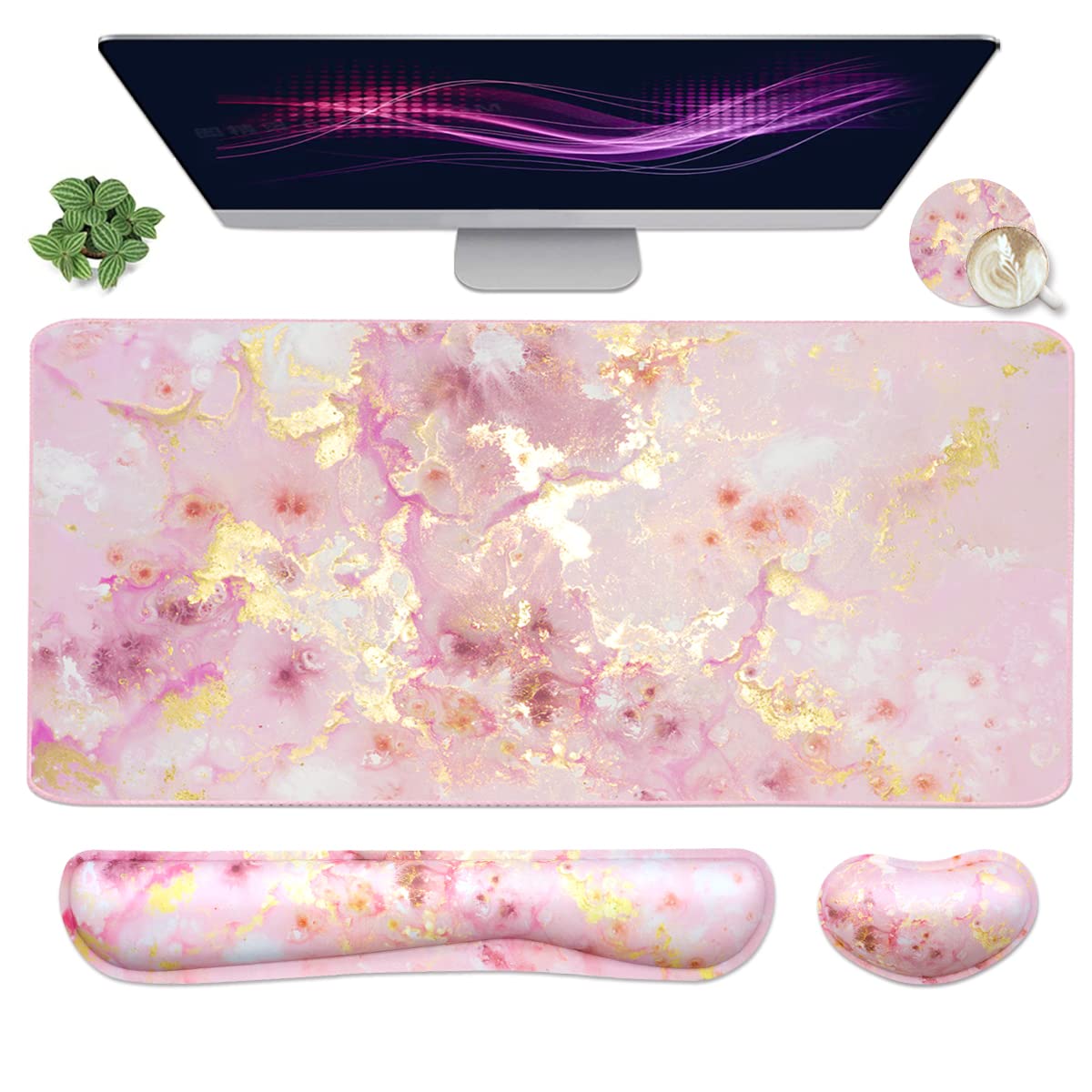 Large Mouse Pad And Keyboard Wrist Rest, Desk Pad For Keyboard And Mouse, 4-In-1 Large Gaming Mouse Pad With Wrist Support, Non-