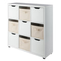 Winsome Julian 3x3 Storage Cabinet Set, for Living Room, Home Office, White, with 4 Beige Baskets