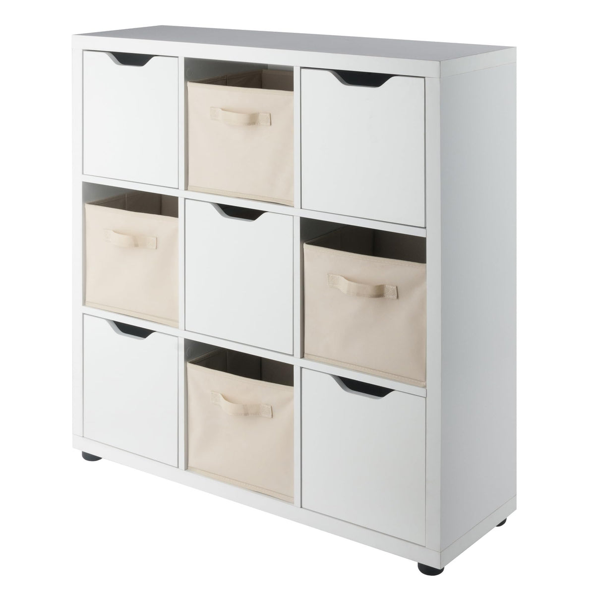 Winsome Julian 3x3 Storage Cabinet Set, for Living Room, Home Office, White, with 4 Beige Baskets