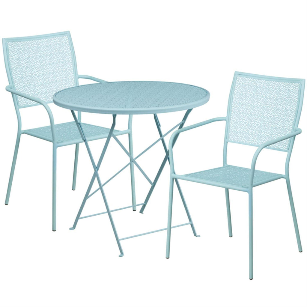 Flash Furniture Commercial Grade 30" Round Sky Blue Indoor-Outdoor Steel Folding Patio Table Set with 2 Square Back Chairs