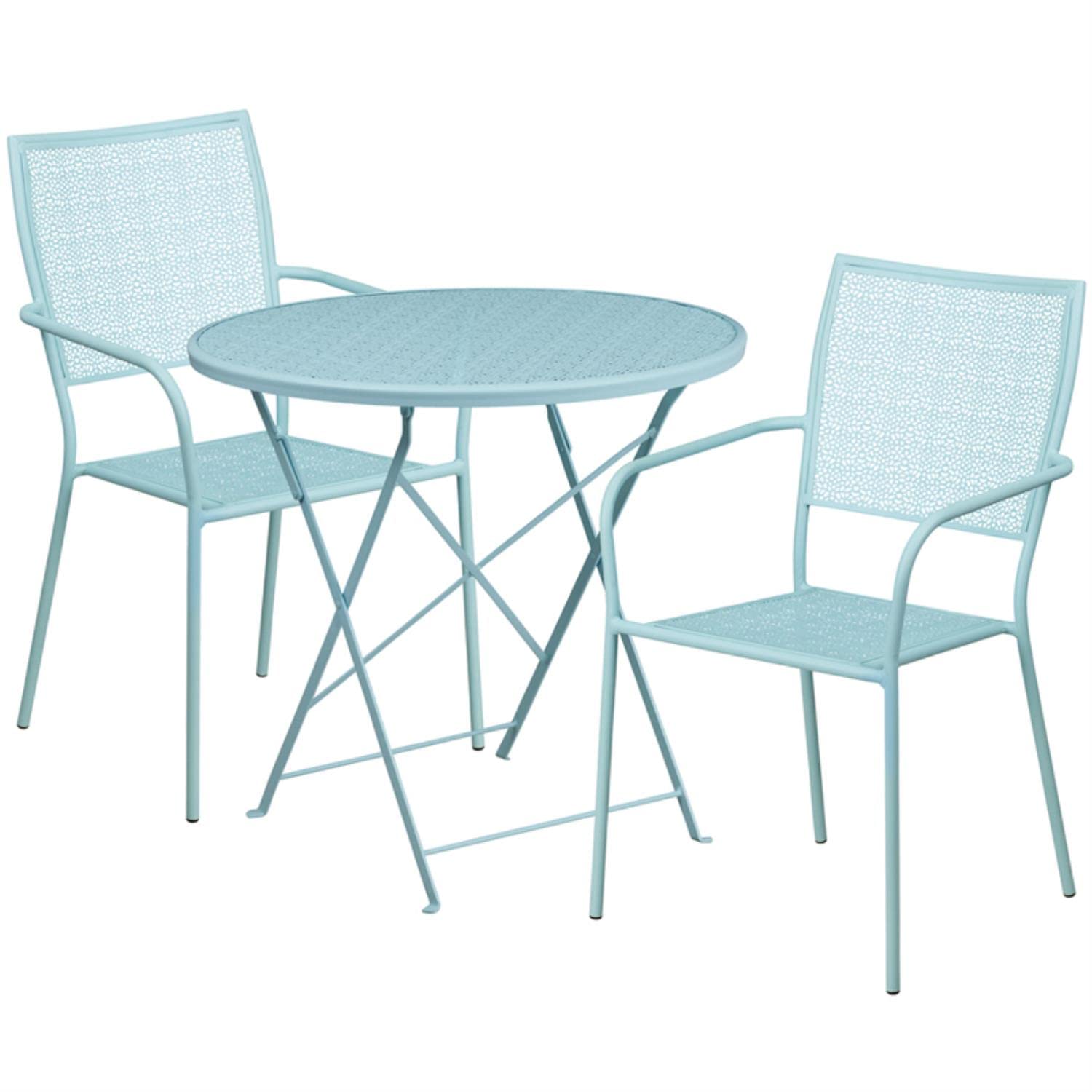 Flash Furniture Commercial Grade 30" Round Sky Blue Indoor-Outdoor Steel Folding Patio Table Set with 2 Square Back Chairs