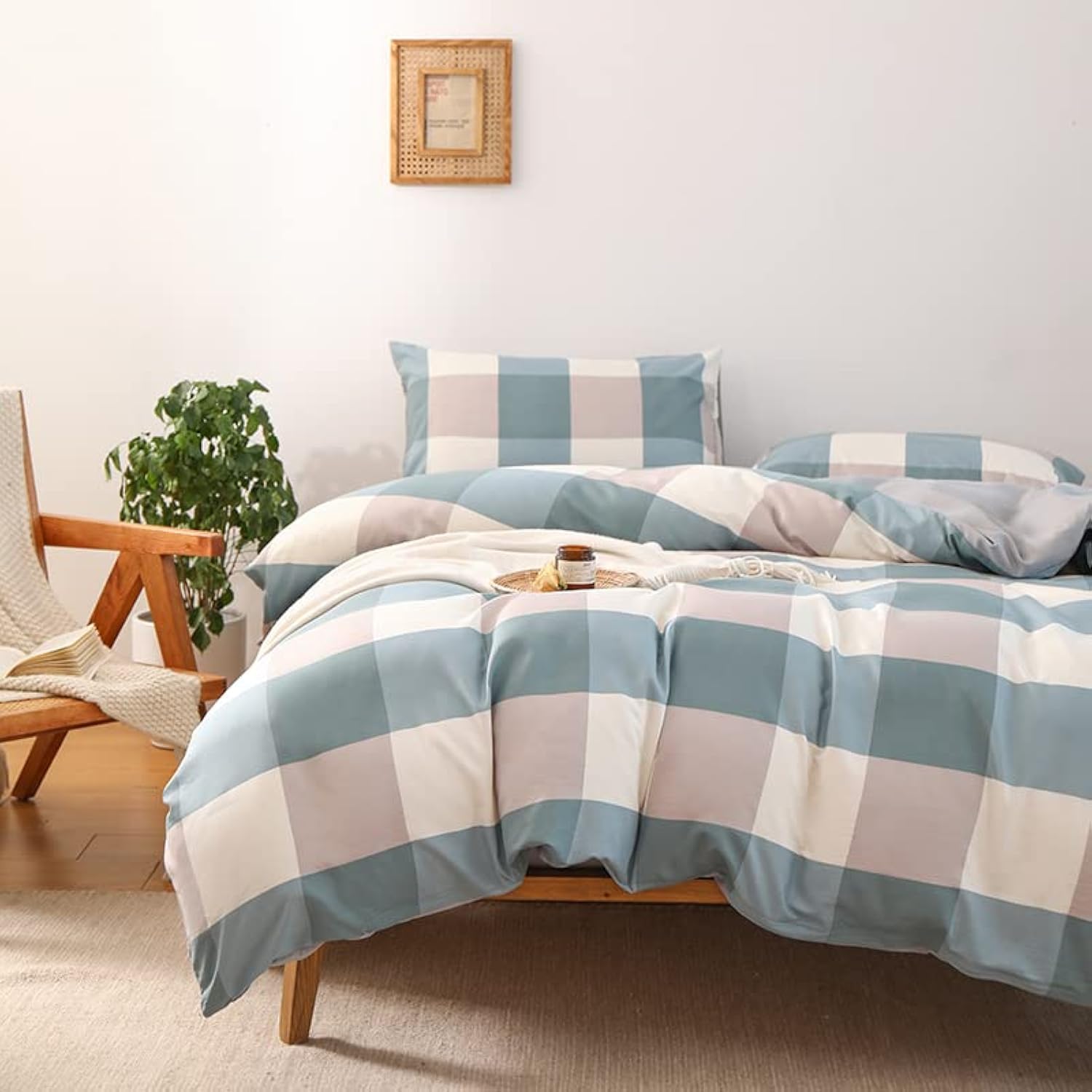 Nsnlgsgc King Plaid Duvet Cover Set Grayish Blue - Buffalo Check Simple Geometric Square Pattern Bedding Set,Modern Soft Washed