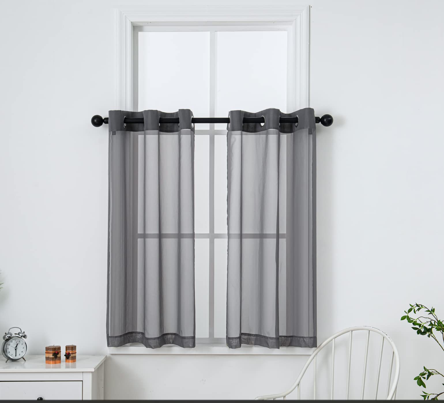 Pi Dark Grey Sheer Curtains 45 Inches Length With Eyelets,Voile Light Filtering Small Window Curtains For Kitchen/Bathroom/Farmhouse/Basement 2 Panels(Dark Grey,W42Xl45)