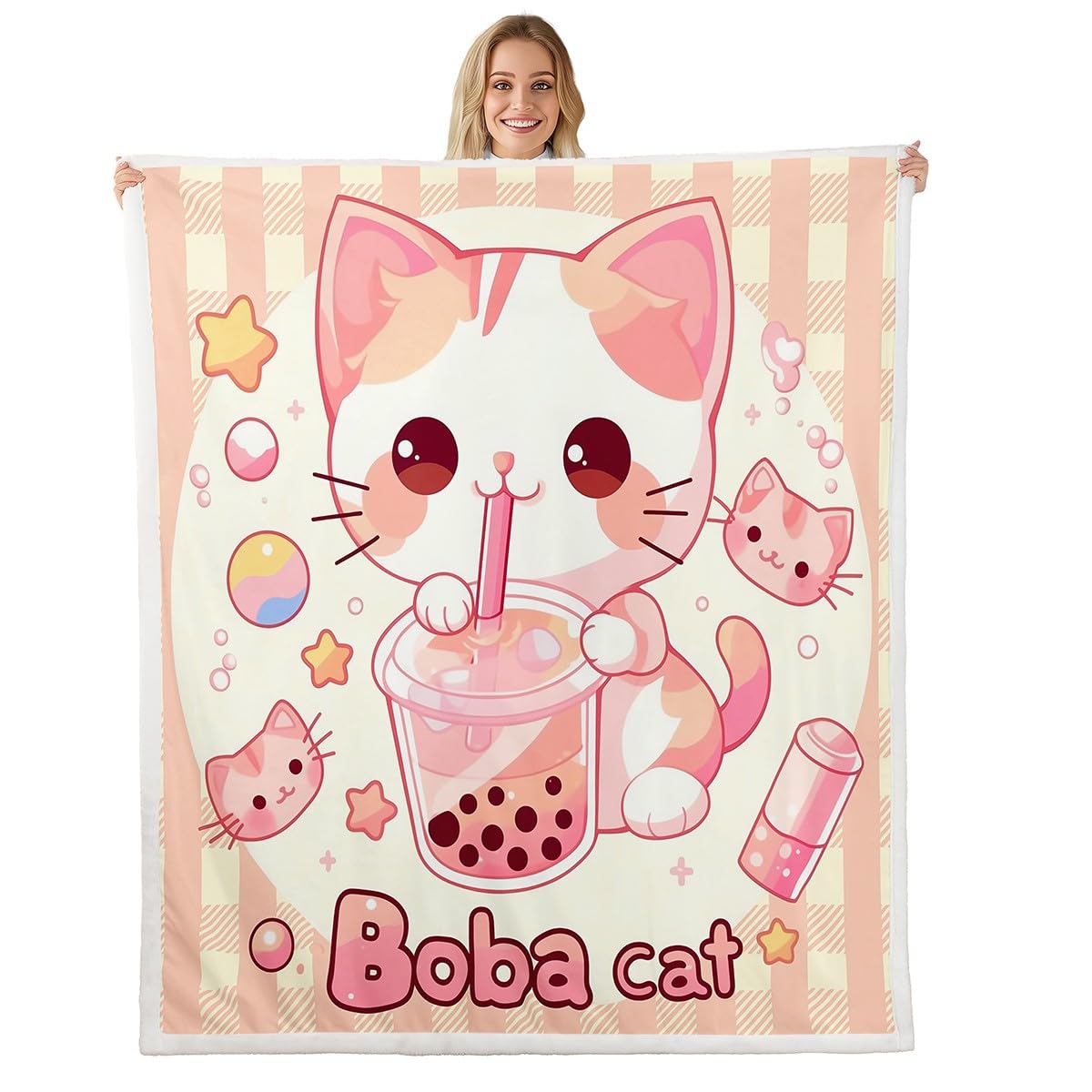 Feelyou Cute Kitten Cat Sherpa Blanket Plush Fuzzy Bubble Tea Cat Fleece Throw Blanket Boys Girls Kawaii Kitty for Bed Couch Cha